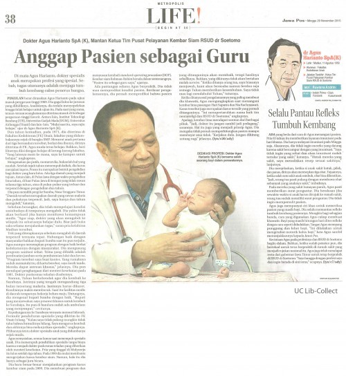 Anggap Pasien sebagai Guru. Jawa Pos. 29 November 2015.Hal.38
