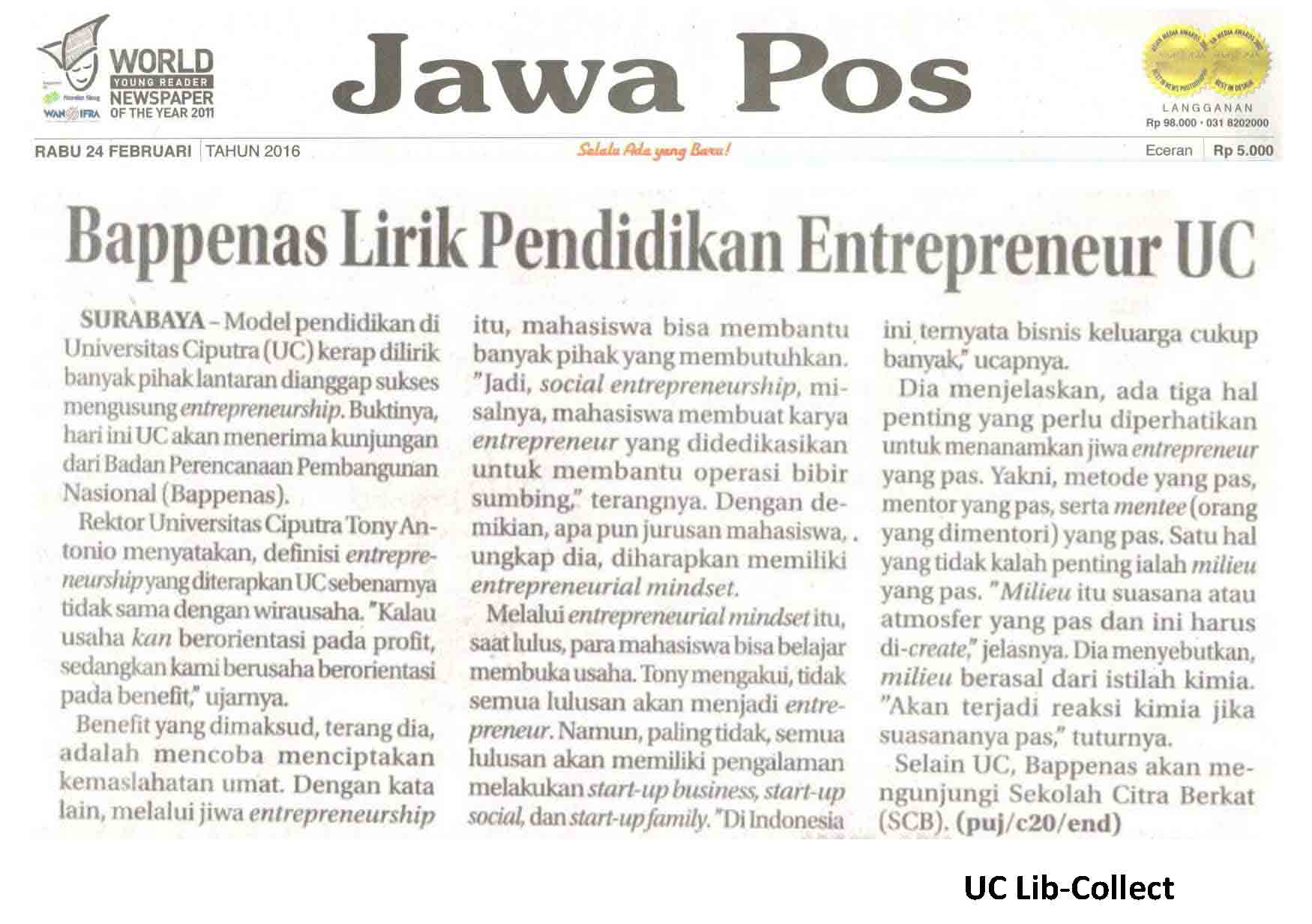 Bappenas Lirik Pendidikan Entrepreneur UC Jawa Pos 24 Februari 2016 Hal 28
