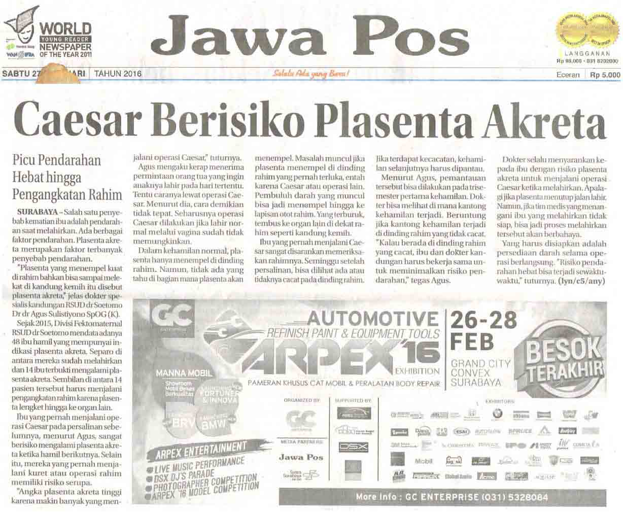 Caesar Berisiko Plasenta Akreta. Jawa Pos.27 Februari 2016.Hal.44