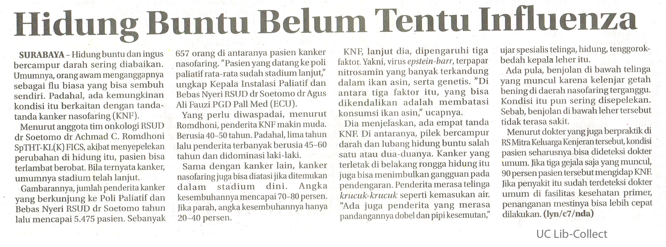 Hidung Buntu Belum tentu Influenza. Jawa Pos.19 Mei 2016. Hal.36