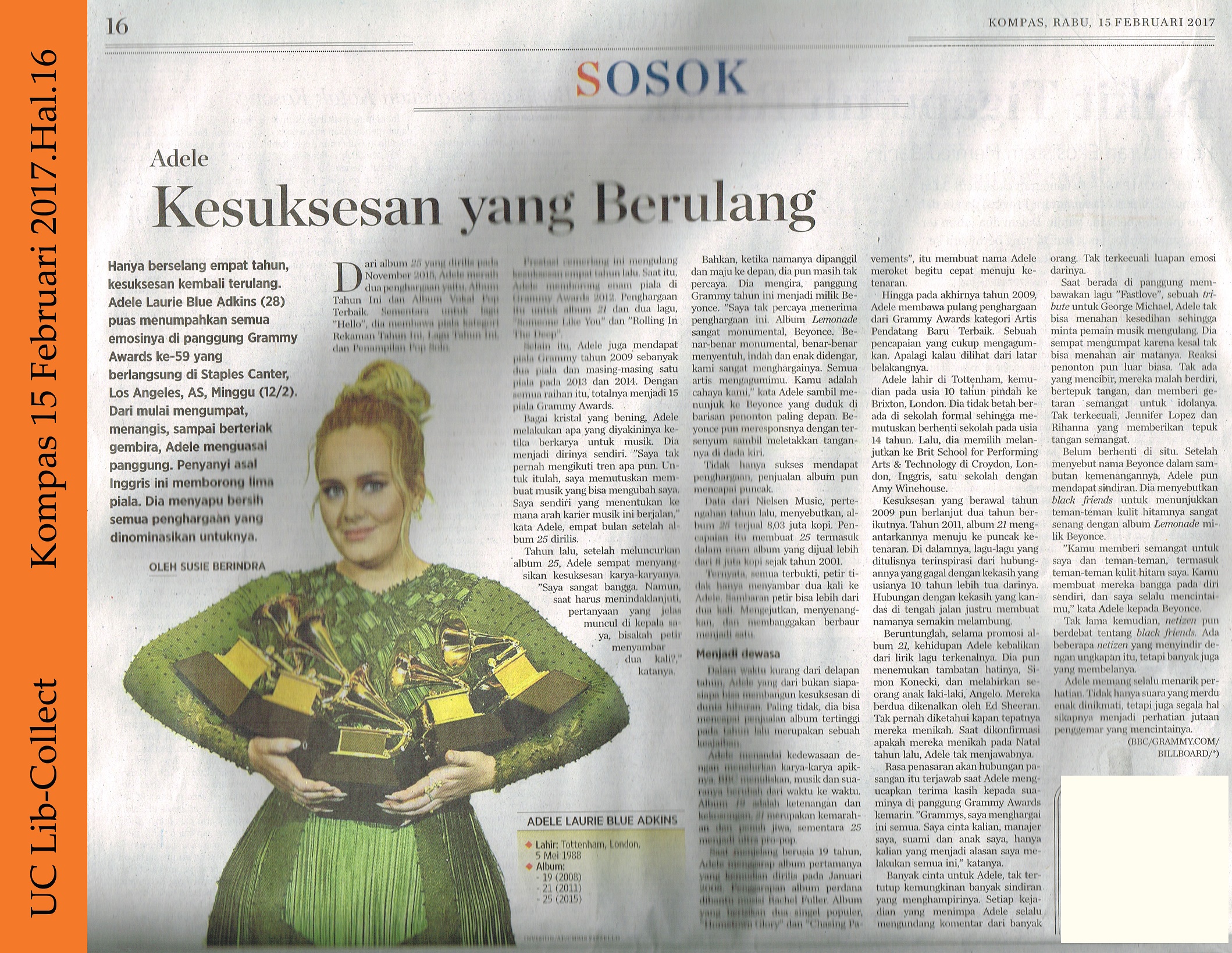 Adele_Kesuksesan Yang Berulang Kompas 15 Februari 2017.Hal.16