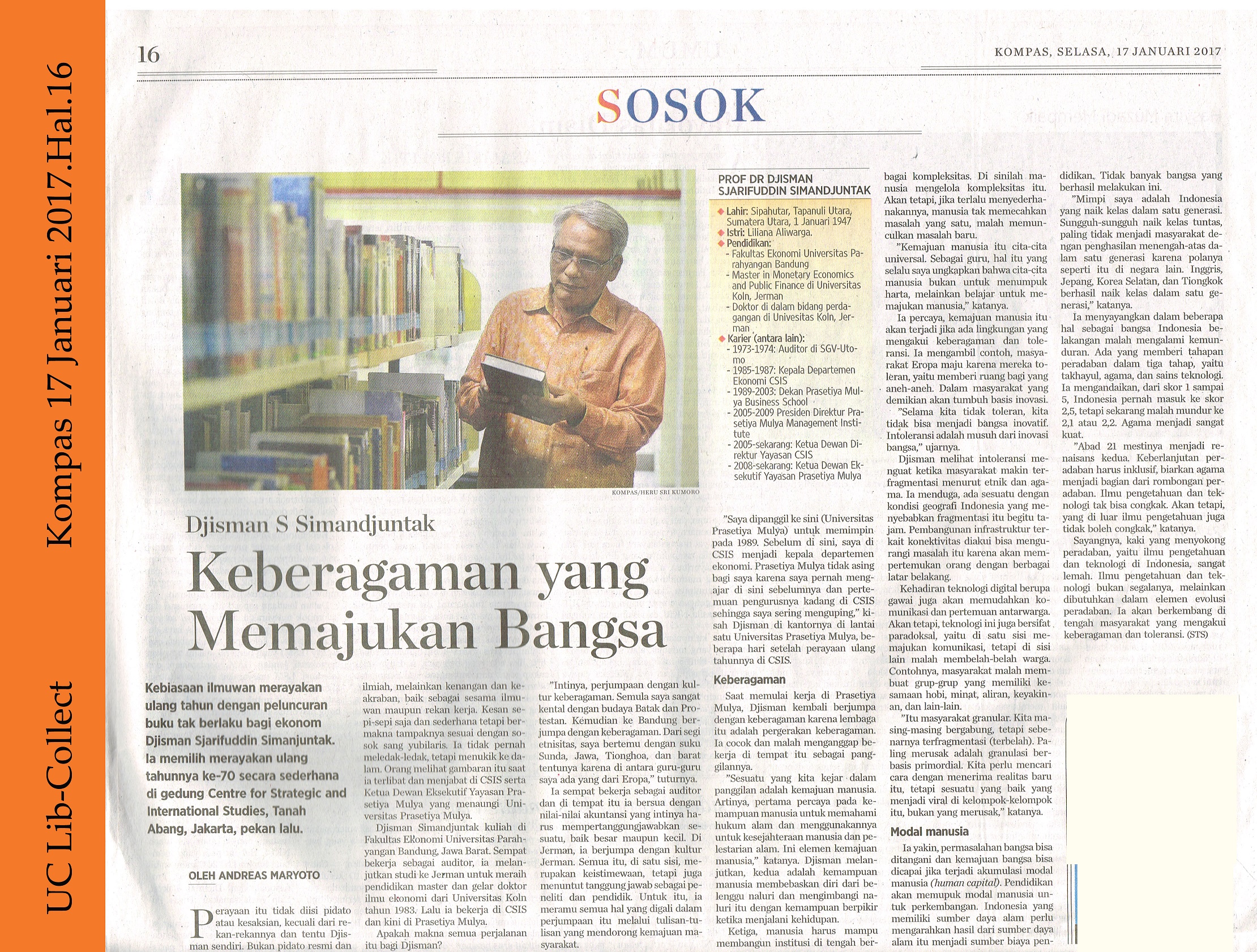 Djisman S Simandjuntak_Keberagaman Yang Menakjubkan Bangsa.Kompas 17 Januari 2017.Hal