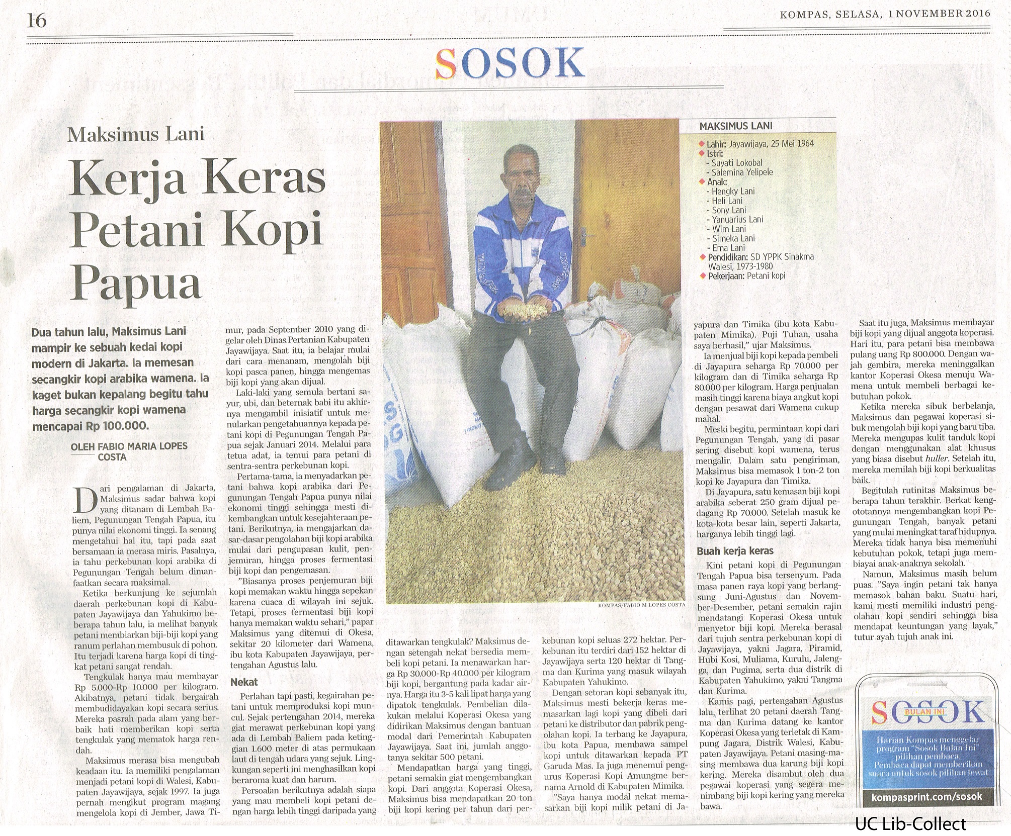 Kerja Keras Petani opi Papua. Kompas.1 November 2016.Hal.16