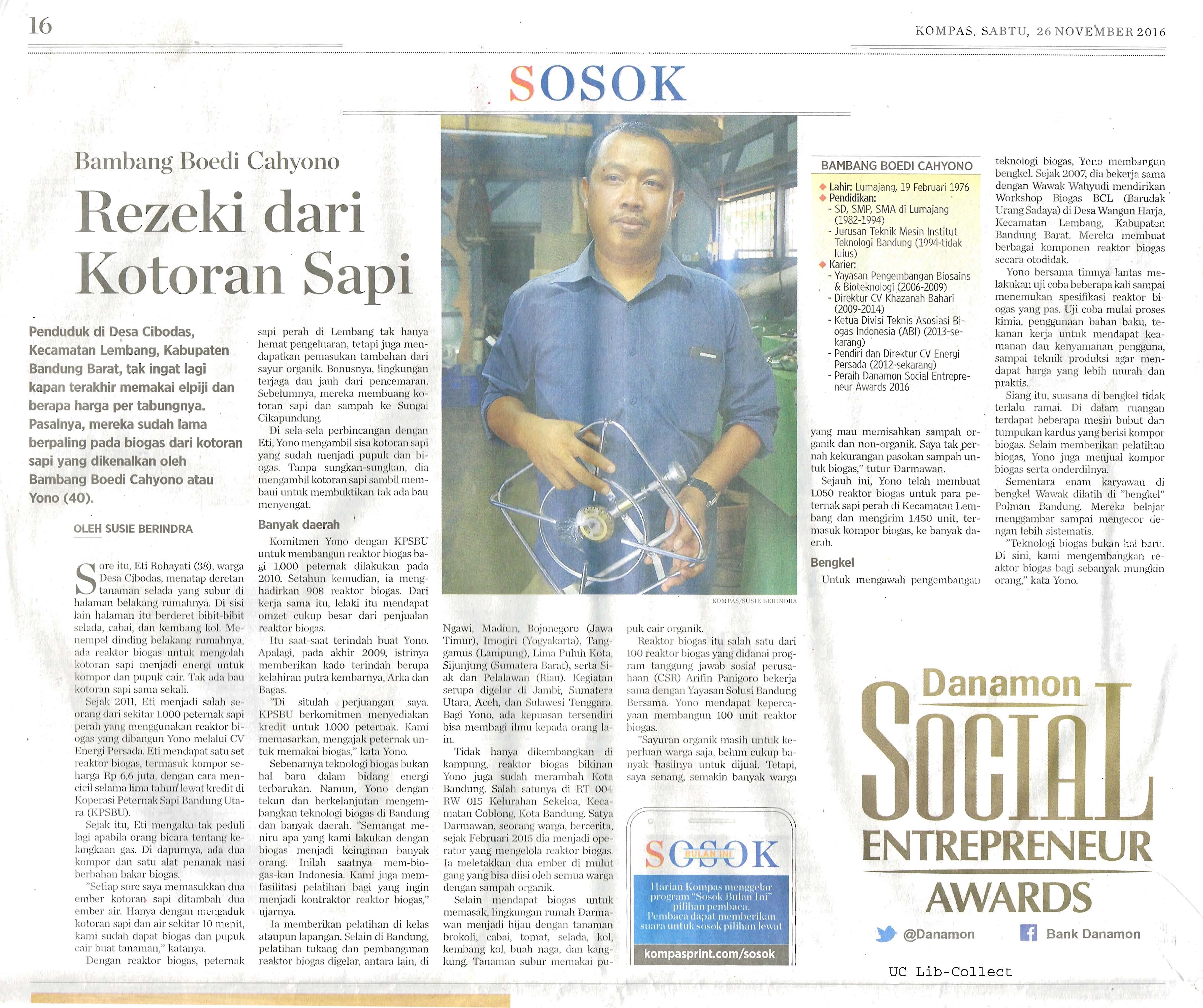 Rezeki dari Kotoran Sapi. Kompas.26 November 2016.Hal.16