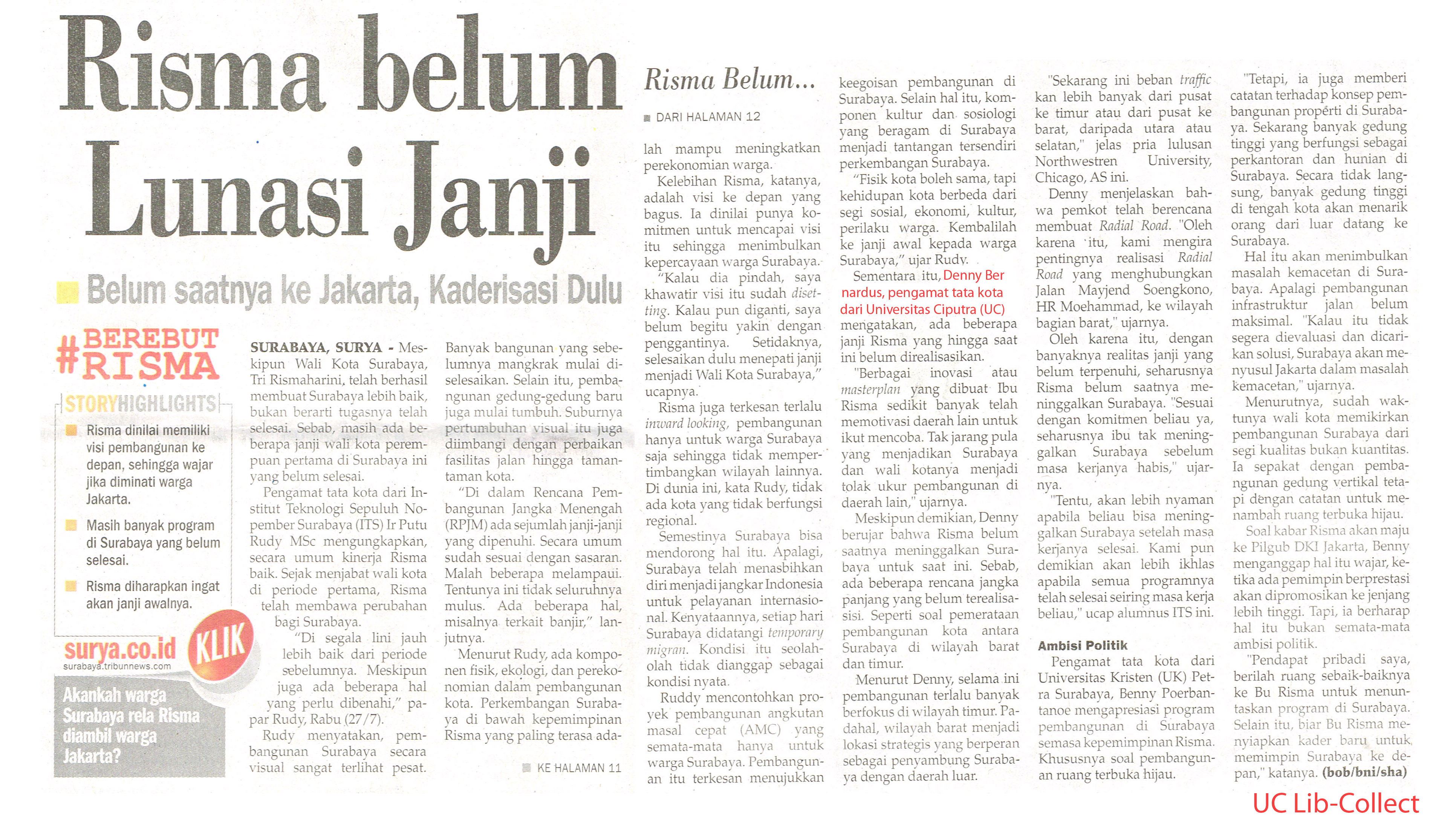 Risma Belum Lunasi Janji. Surya. 3 Agustus 2016.Hal.11,12