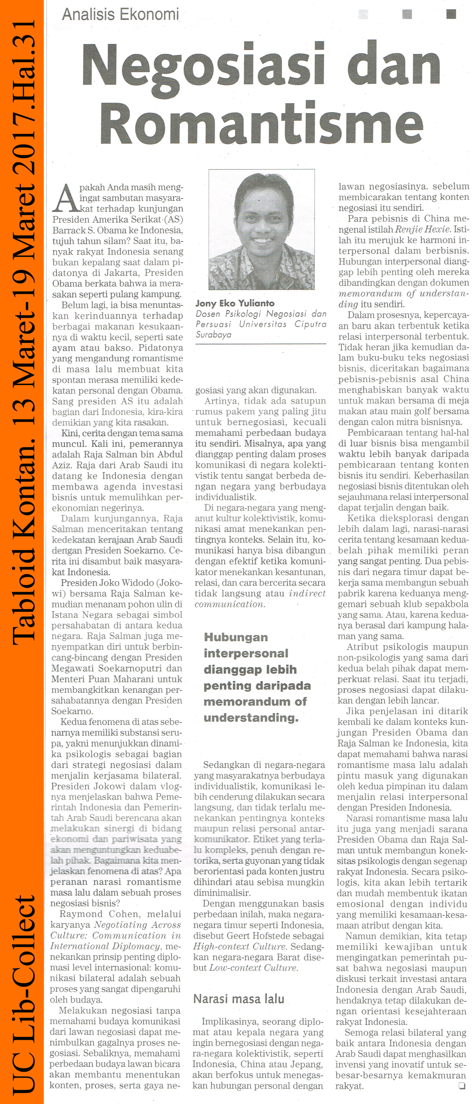 Jony Eko Yulianto@PSY_Negoisasi dan Romantisme. Tabloid Kontan. 13-19 Maret 2017.Hal.31