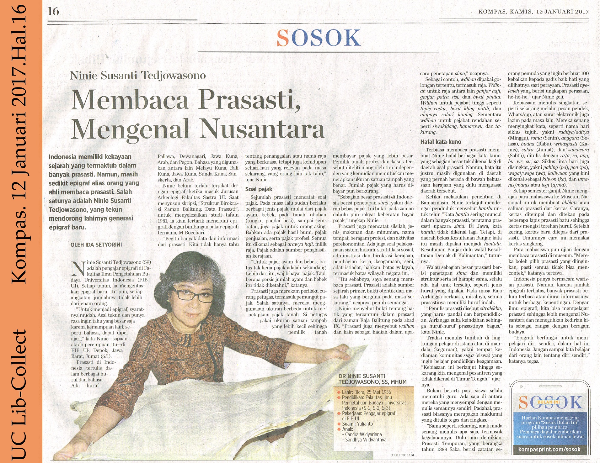 Ninie Susanti Tedjowasono Membaca Prasasti Mengenal Nusantara Kompas 12 Januari 2017 Hal