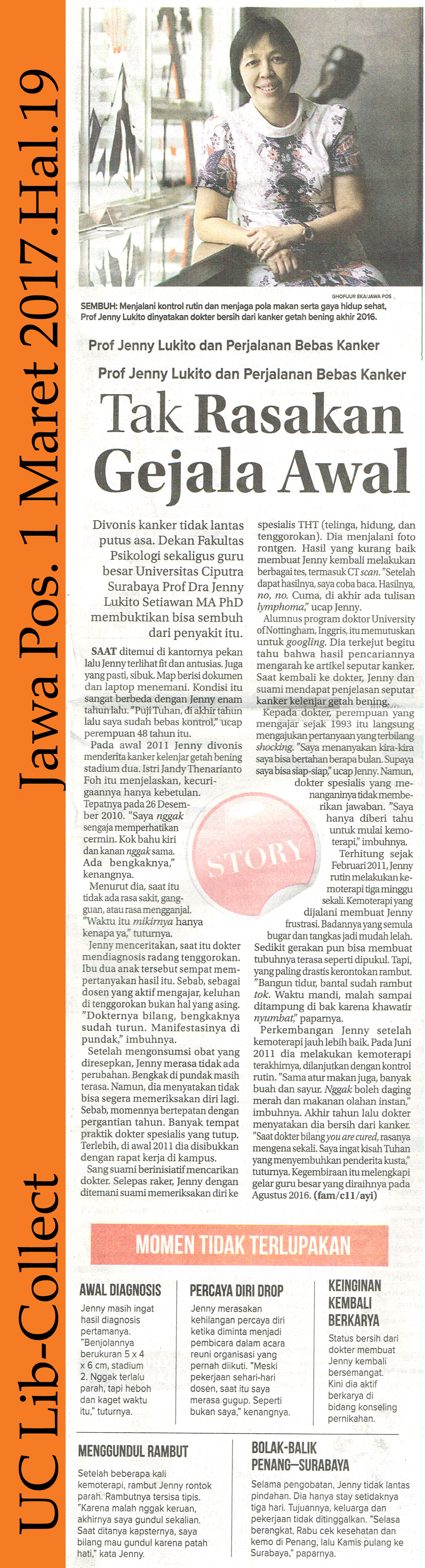 Prof Jenny Lukito dan Perjalanan Bebas Kanker_Tak Rasakan Gejala Awal. Jawa Pos. 1 Maret 2017.Hal.19