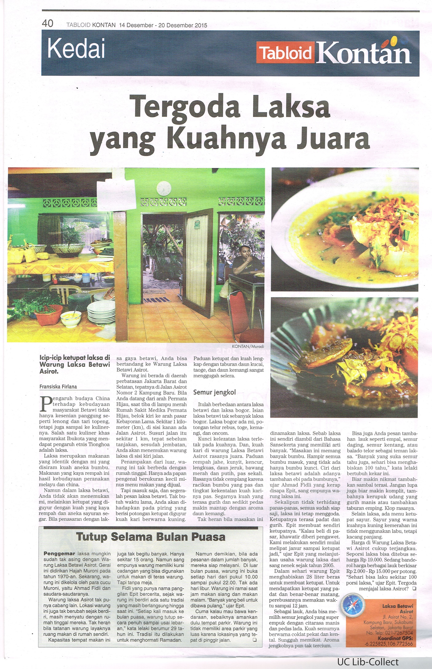 Tergoda Laksa yang Kuahnya Juara. Tabloid Kontan. 14-20 Desember 2015.Hal.40
