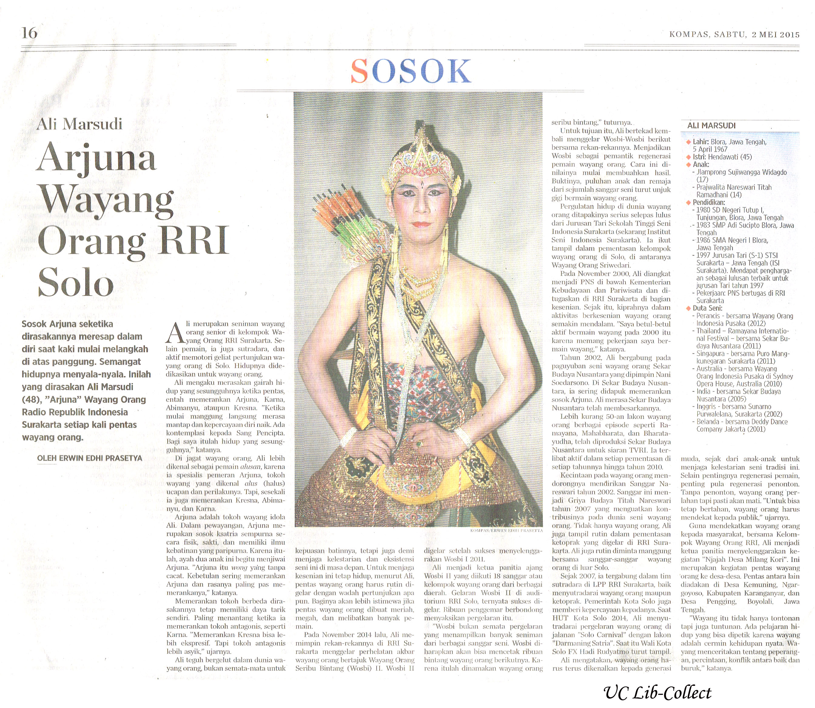 Arjuna Wayang Orang RRI Solo. Kompas.2 Mei 2015.Hal.16