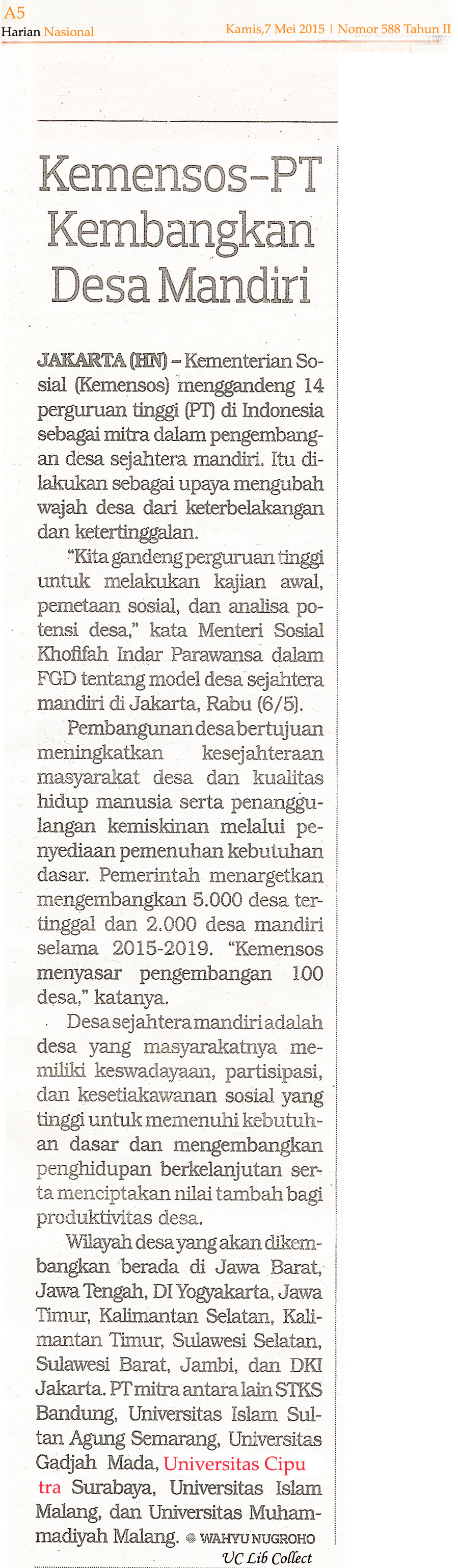 Kemensos PT Kembangkan Desa Mandiri Koran Harian Nasional 7 Mei 2015 Hal