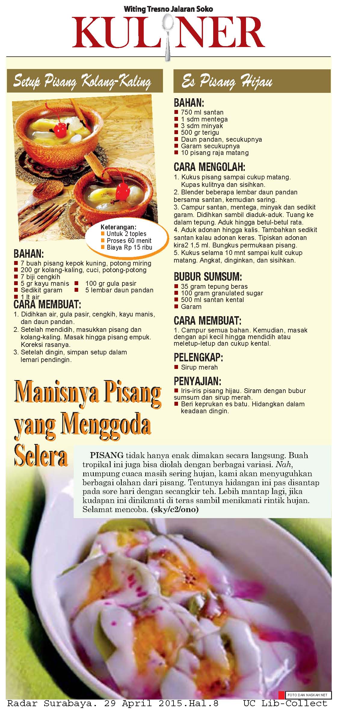 Manisnya Pisang yang Menggoda Selera. Radar Surabaya.29 April 2015.Hal.8