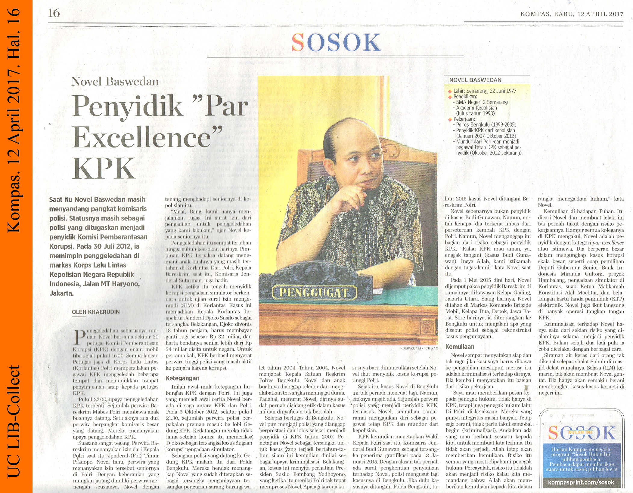 Novel Baswedan Penyidik Par Excellence KPK Kompas 12 April 2017 Hal 16