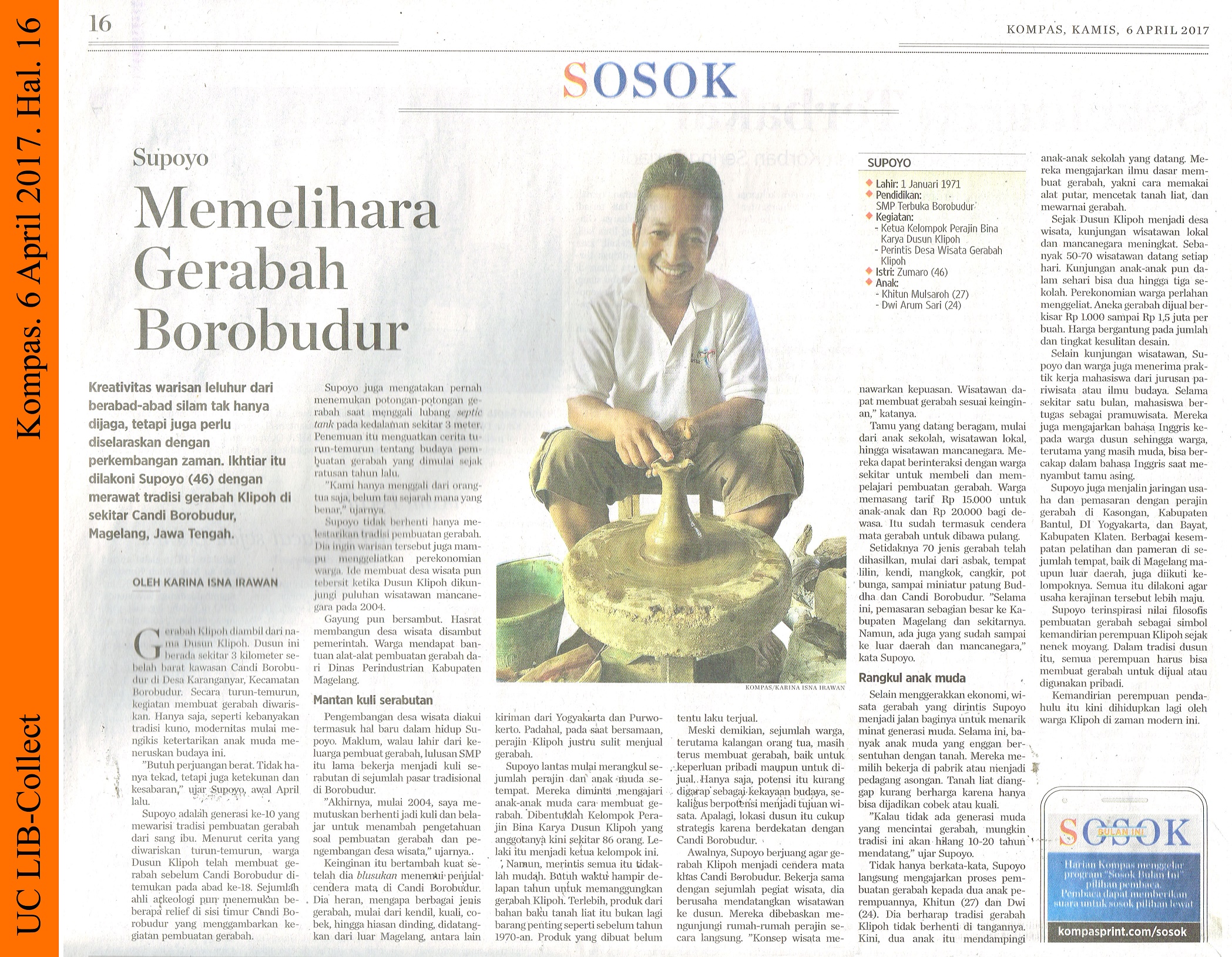 Supoyo Memelihara Gerabah Borobudur Kompas 6 April 2017 Hal 16