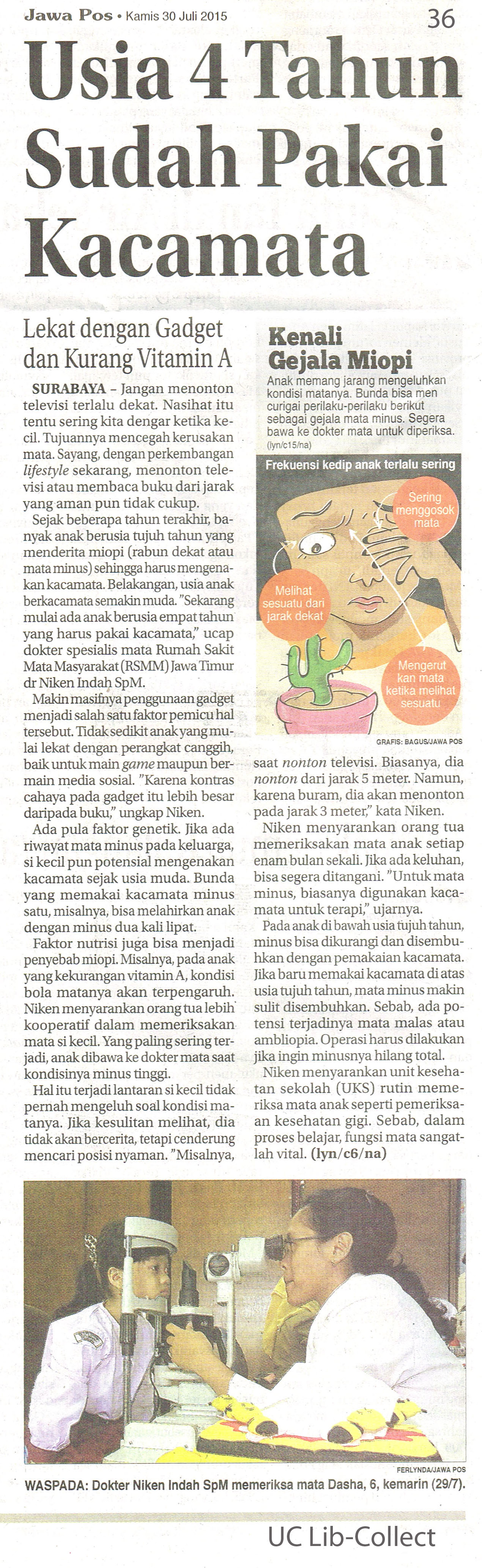 Usia 4 Tahun Sudah Pakai Kacamata Jawa Pos 30 Juli 2015 Hal