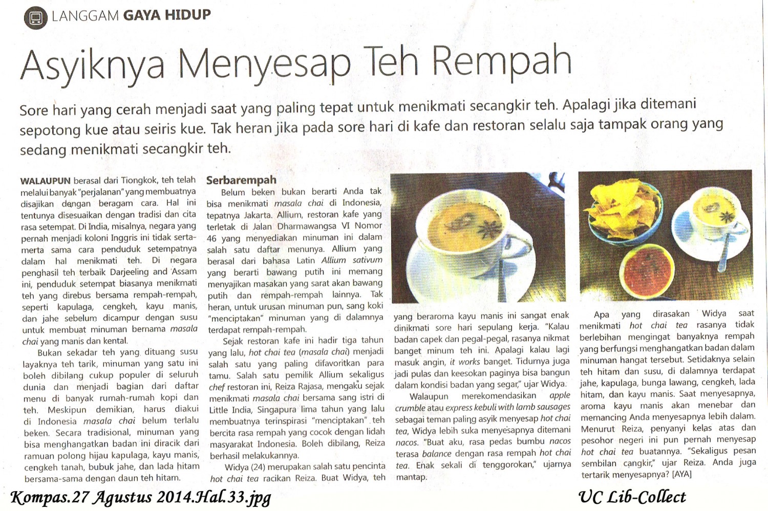 Asyiknya Menyesap Teh Rempah.Kompas.27 Agustus 2014.Hal.33