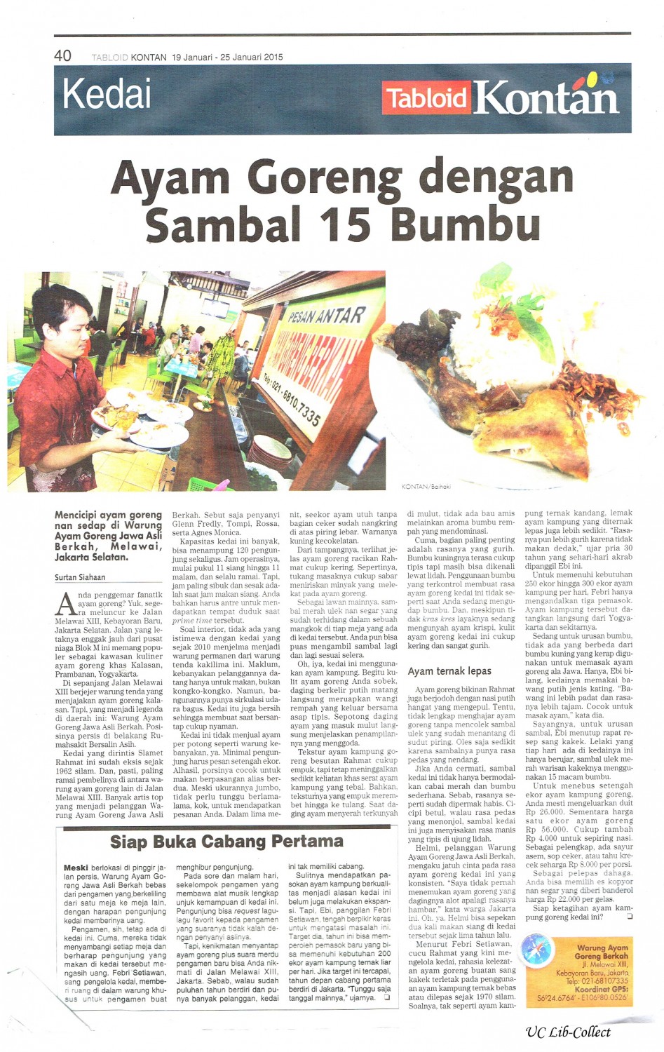 Ayam Goreng dengan Sambal 15 Bumbu. Tabloid Kontan. 19 Januari-25 Januari 2015.Hal.40
