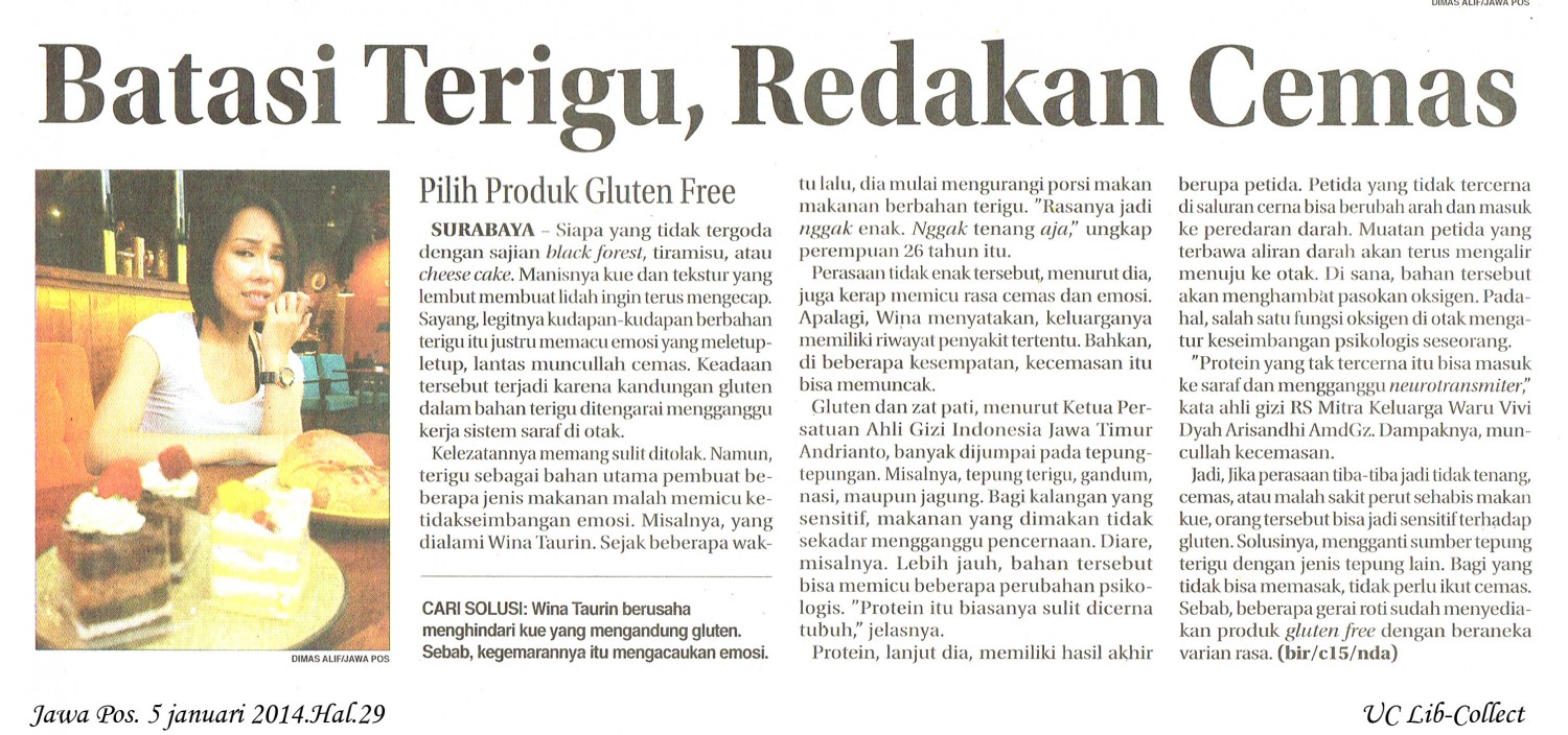 Batasi Terigu, Redakan Cemas. Jawa Pos. 5 januari 2014.Hal.29