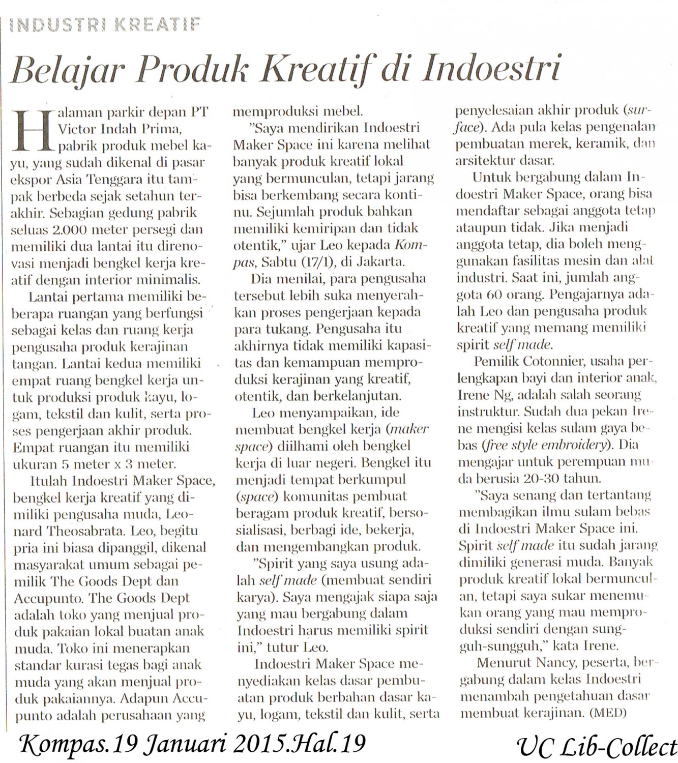 Belajar Produk Kreatif di Indoestri. Kompas.19 Januari 2015.Hal.19