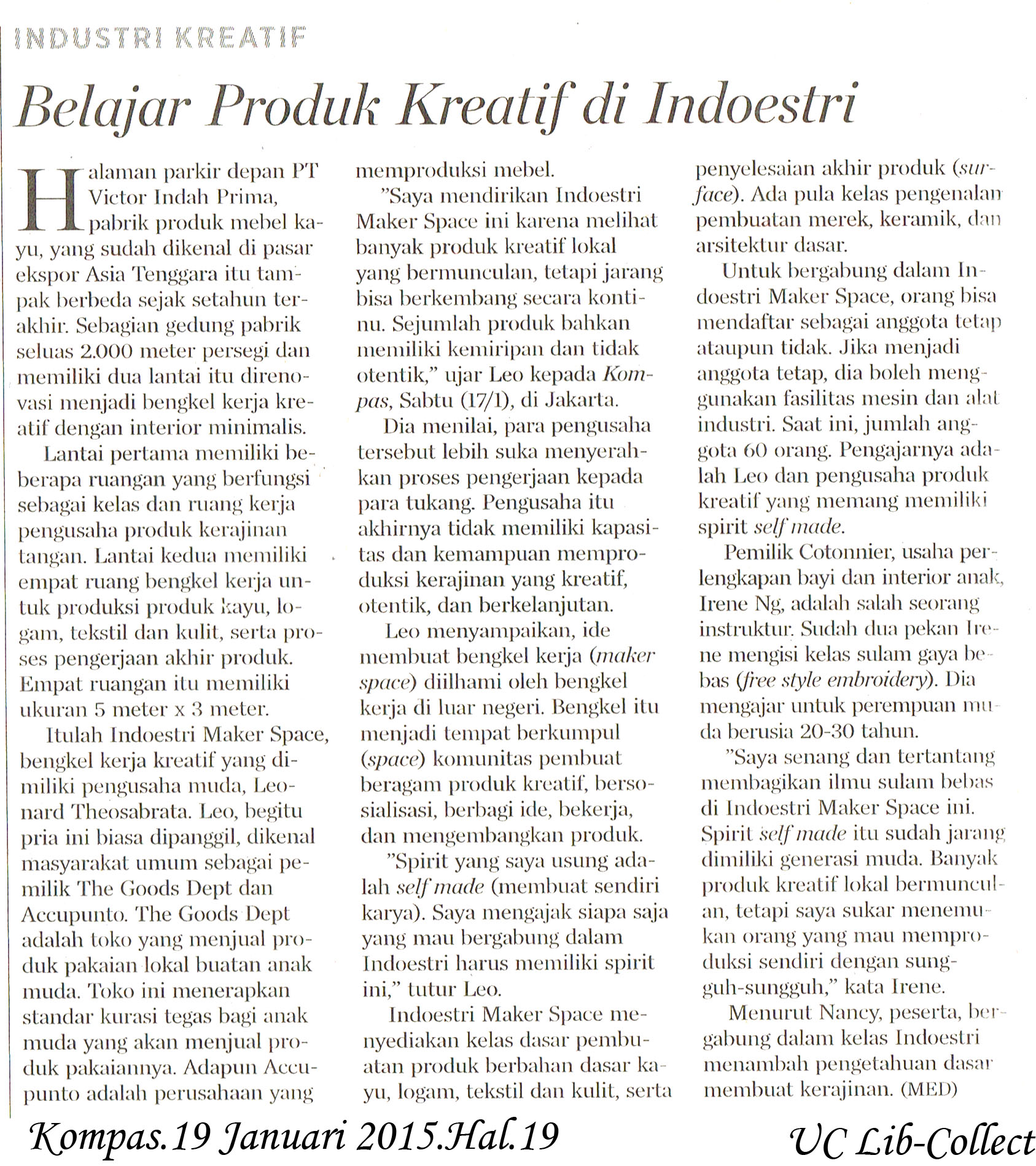 Belajar Produk Kreatif di Indoestri Kompas 19 Januari 2015 Hal 19