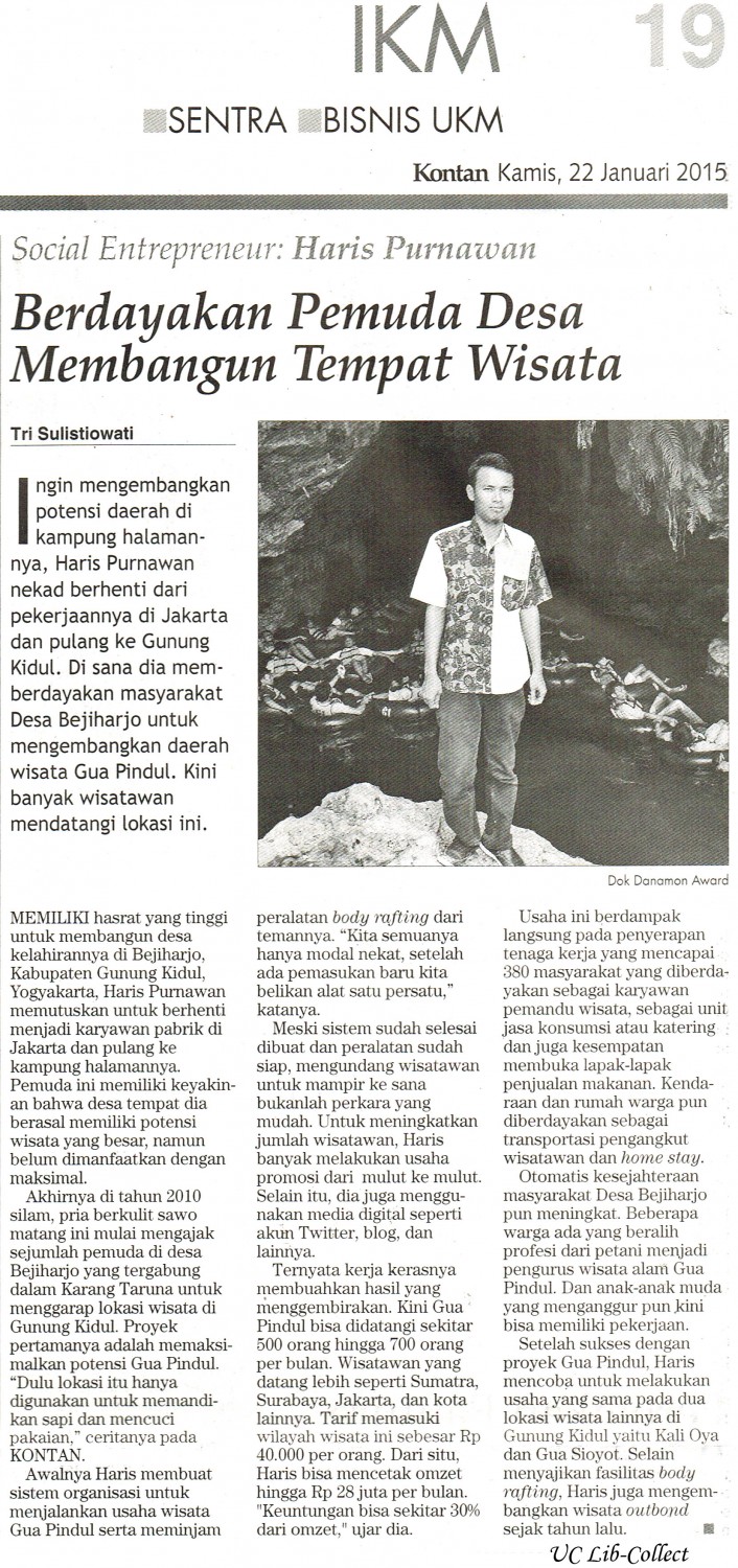 Berdayakan Pemuda Desa Membangun Tempat Wisata. Kontan 22 Januari 2015.Hal.19