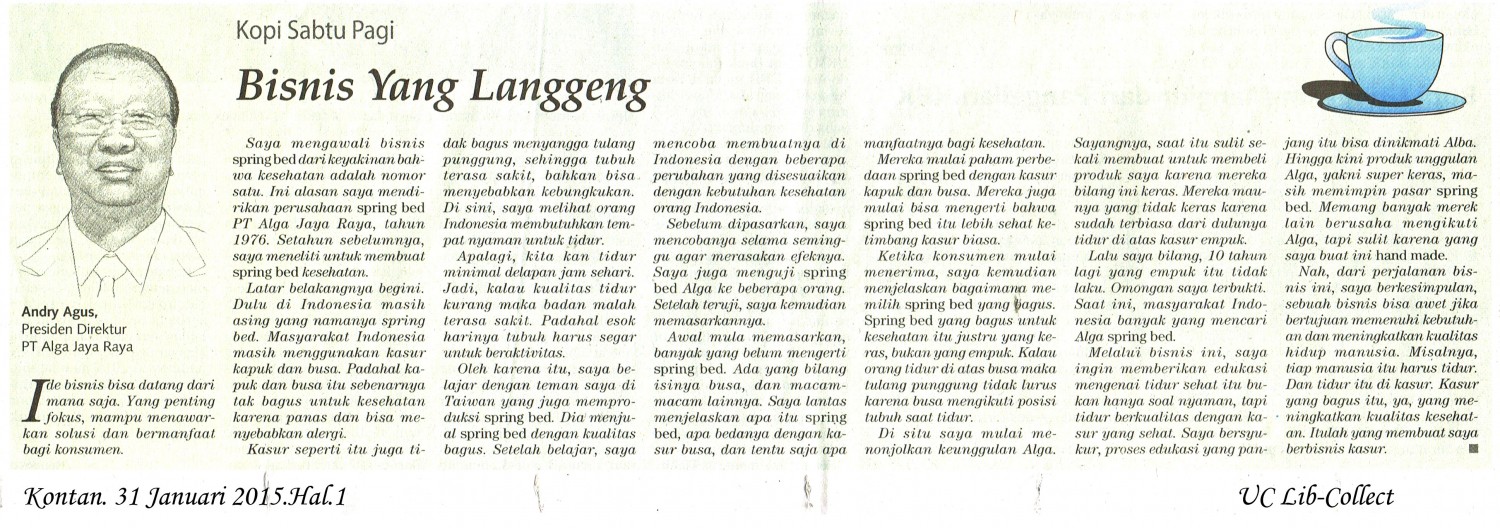 Bisnis yang Langgeng. Kontan. 31 Januari 2015.Hal.1