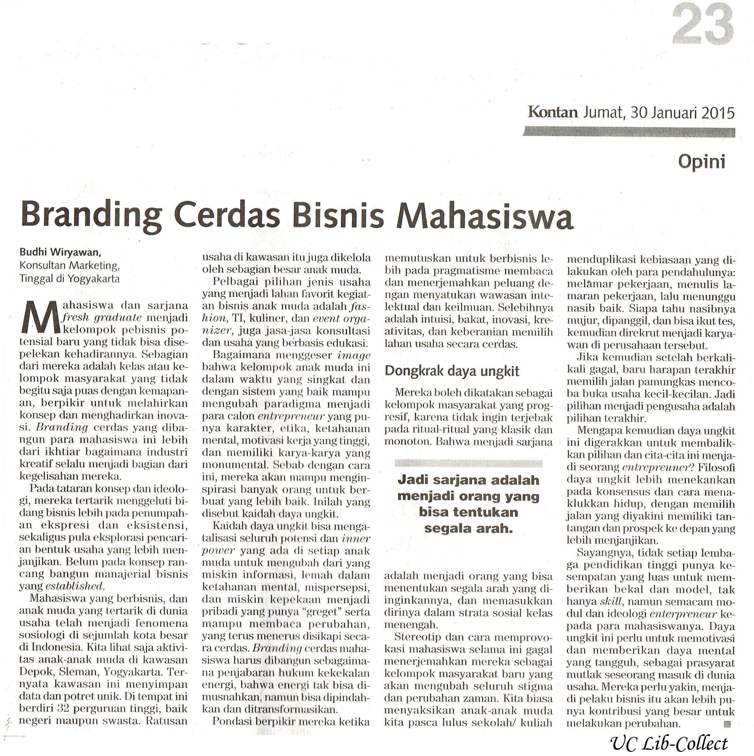Branding Cerdas Bisnis Mahasiswa Kontan 30 Januari 2015 Hal 23