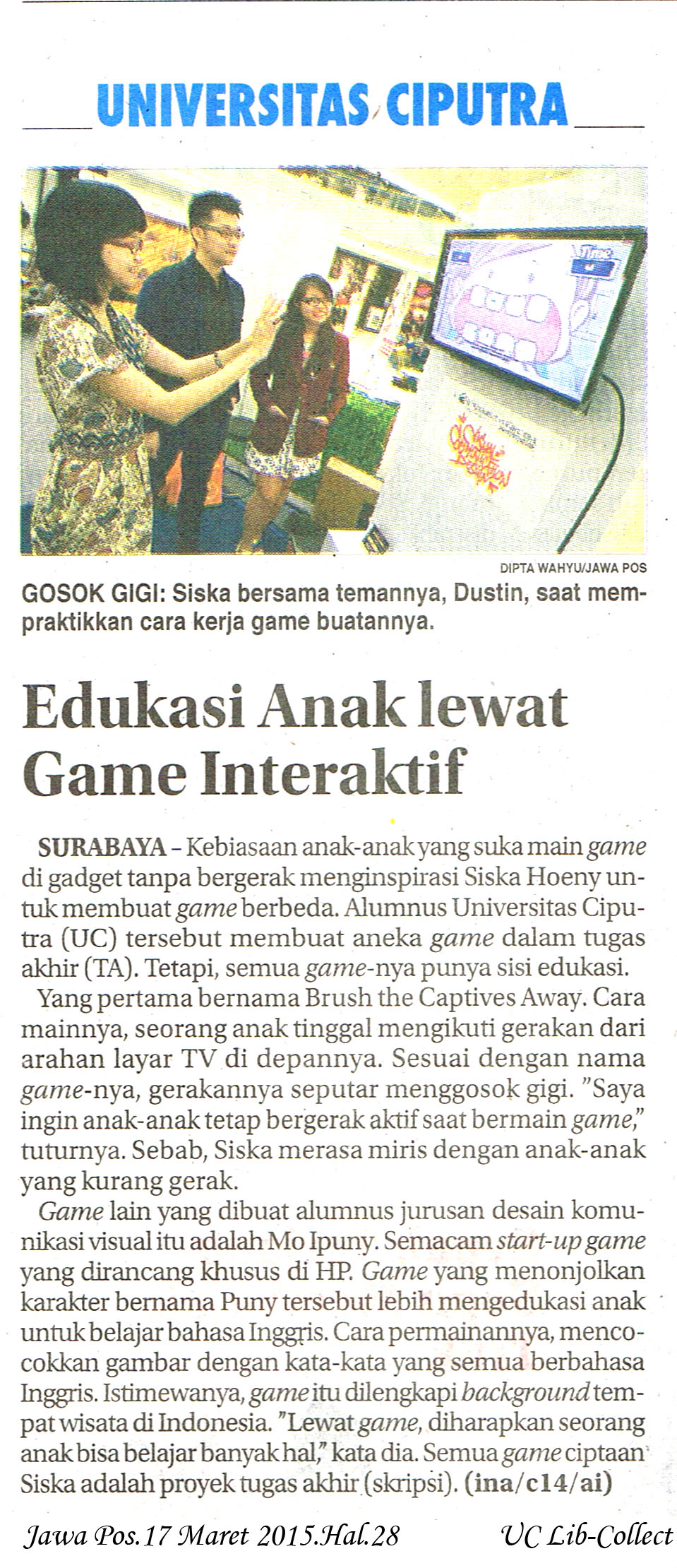 Edukasi Anak Lewat Game Interaktif Jawa Pos 17 Maret 2015 Hal 28