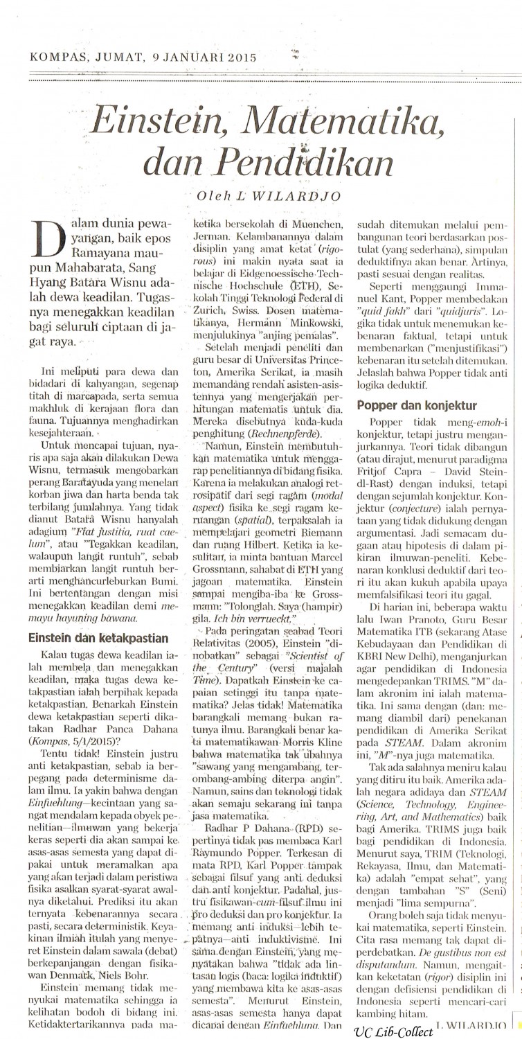 Einstein, Matematika, dan Pendidikan. Kompas. 9 Januari 2014.Hal.7