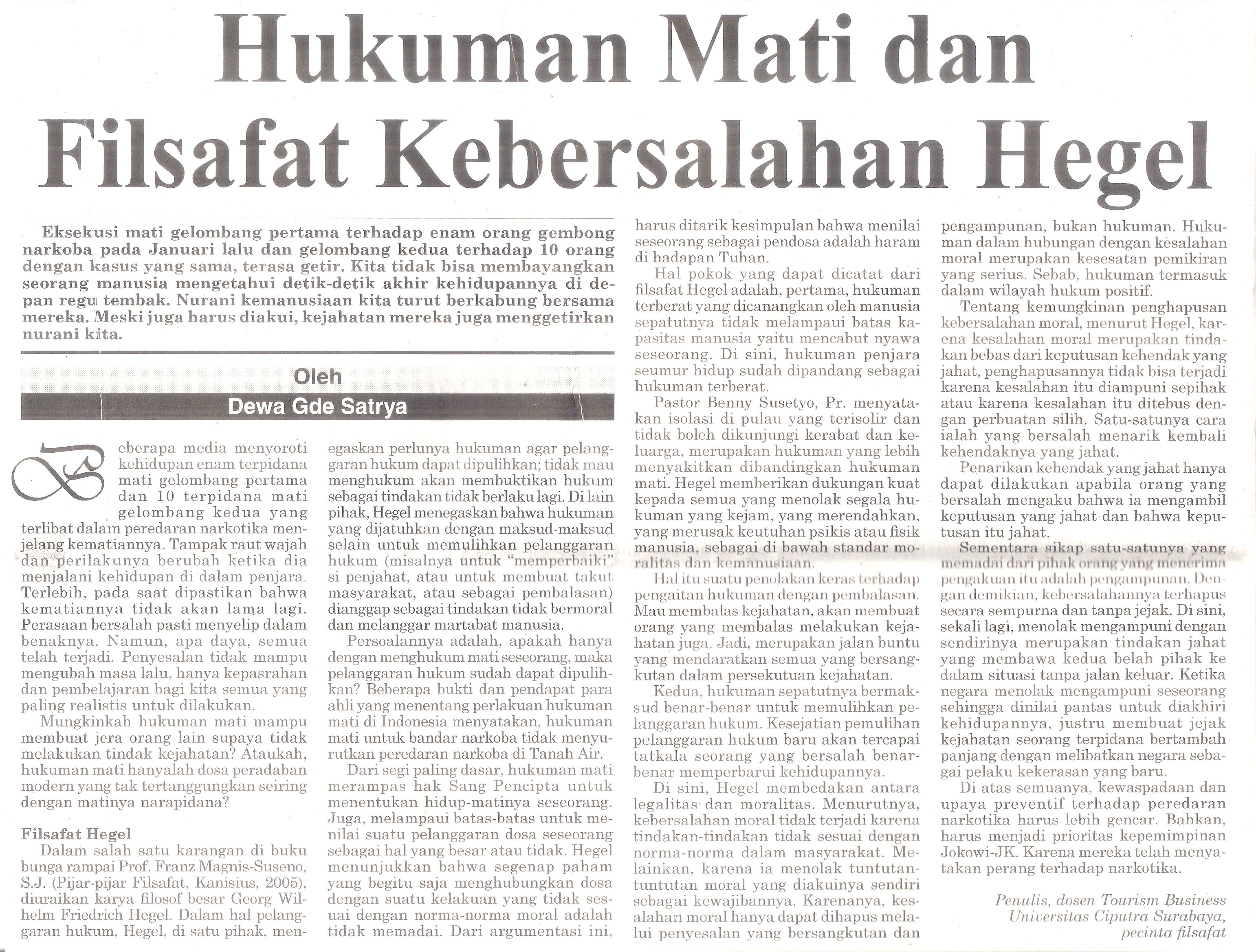 Hukuman Mati dan Filsafat Kebersalahan Hegel Bali Post 7 Maret 2015