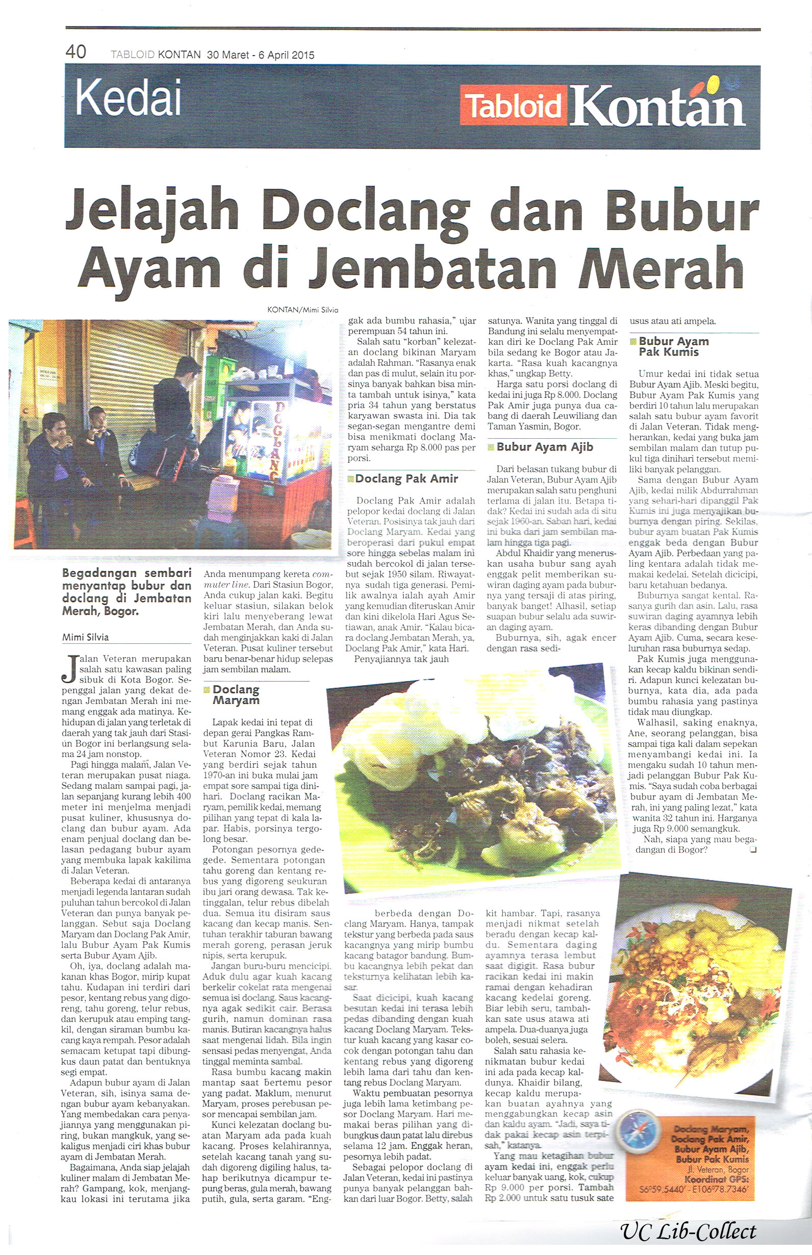 Jelajah Doclang dan Bubur Ayam di Jembatan Merah. Tabloid Kontan.30 Maret-6 April 2015.Hal.40