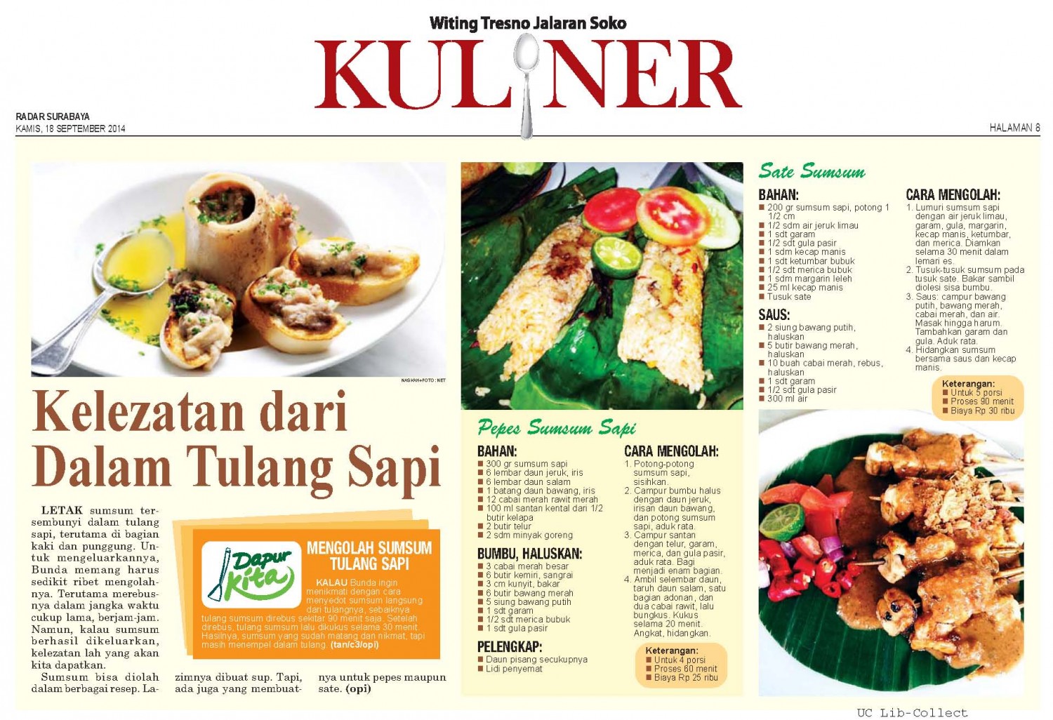 Kelezatan dari Dalam Tulang Sapi. Radar Surabaya.18 september 2014.Hal.8