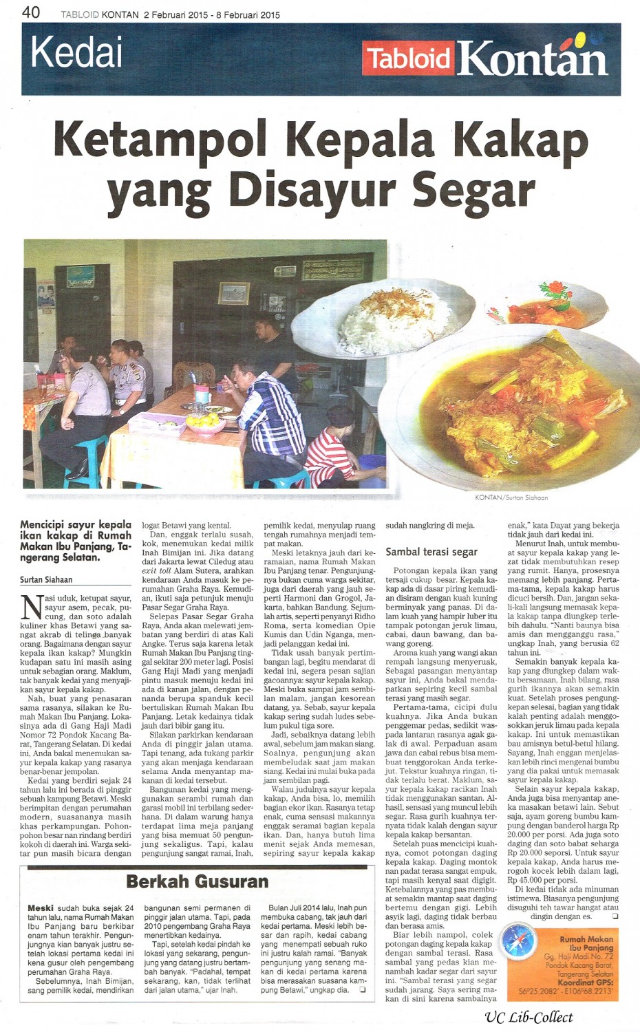 Ketampol Kepala Kakap yang Disayur Segar. Tabloid Kontan. 2-8 Februari 2015.Hal