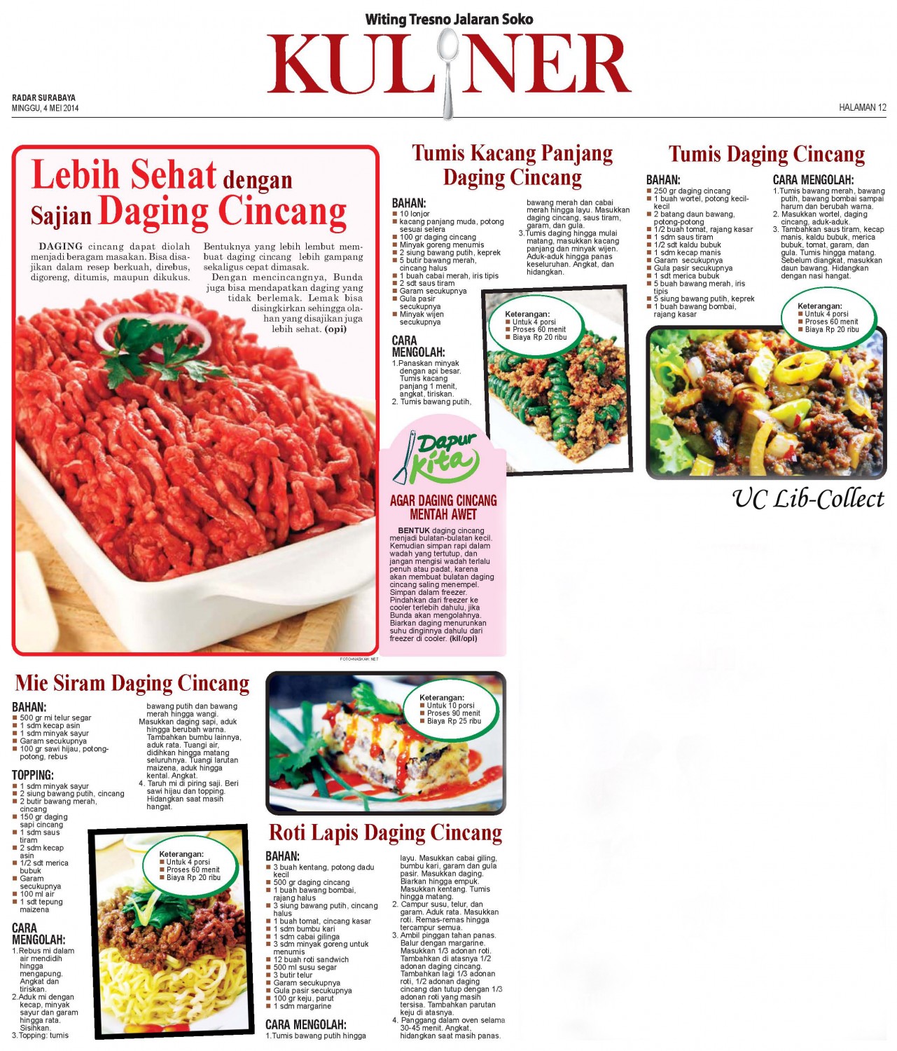 Lebih Sehat dengan Sajian Daging Cincang.Radar 4 Mei 2014.Hal.12