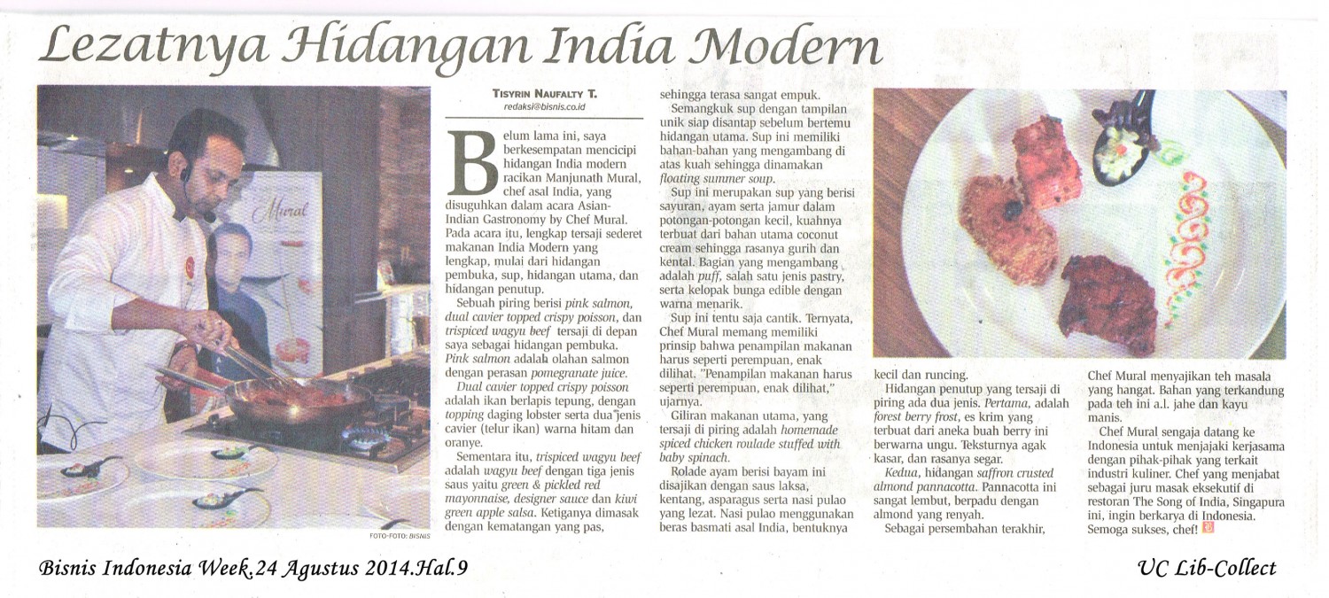 Lezatnya Hidangan India Modern.Bisnis Indonesia Weekend.24 Agustus 2014.Hal.9