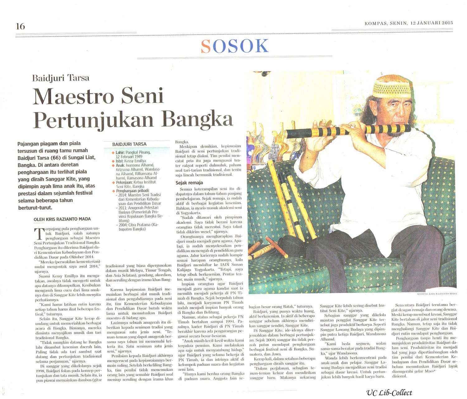 Maestro Seni Pertunjukan Bangka. Kompas 12 Januari 2014.Hal.16.jpg