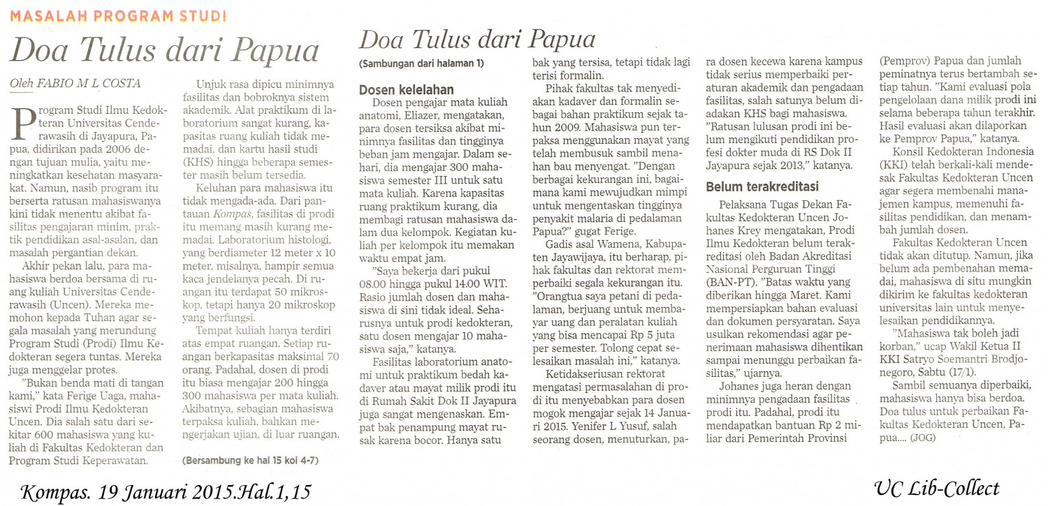 Masalah Program Studi_Doa Tulus dari Papua. Kompas.19 januari 2015.Hal.1,15