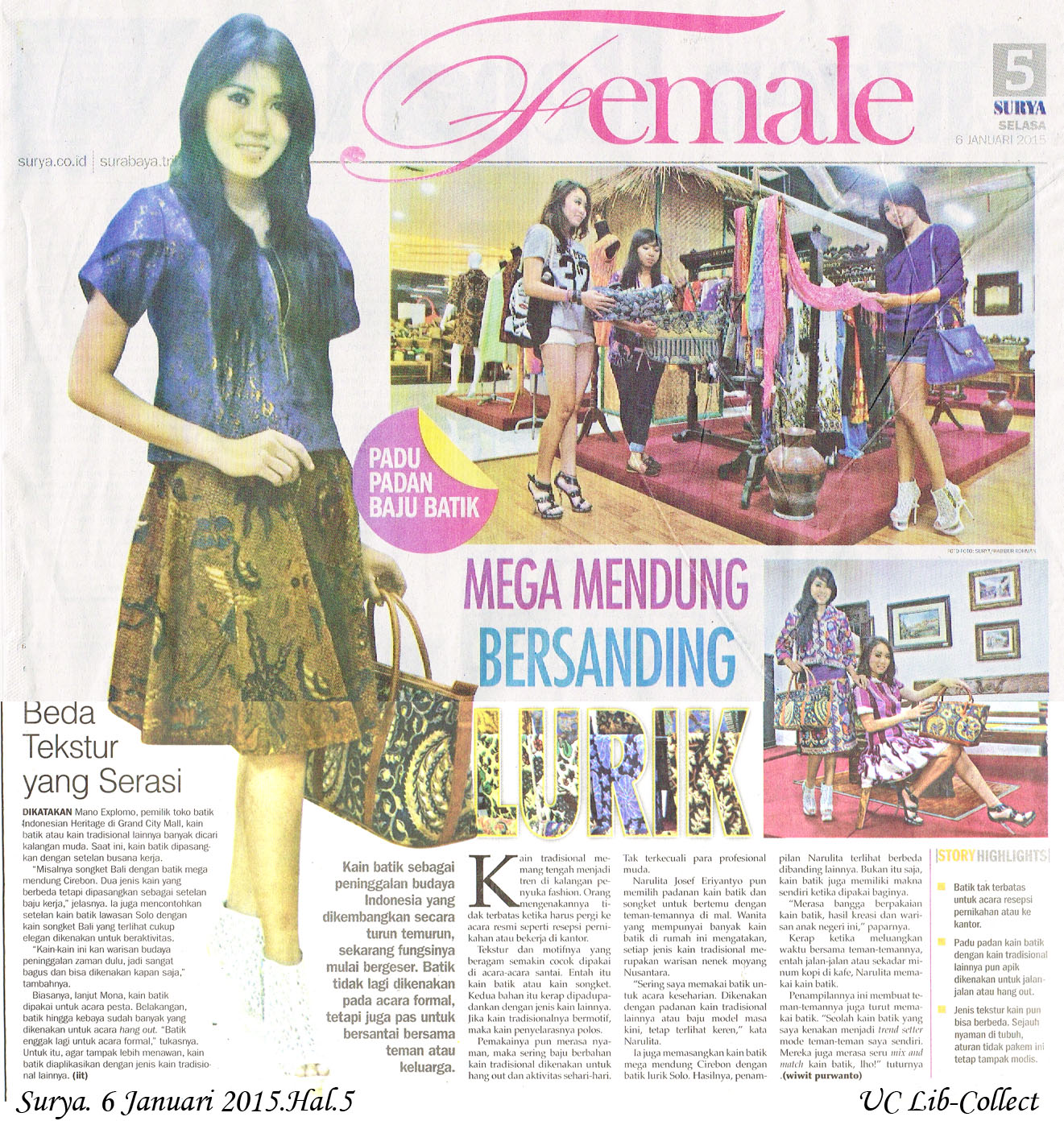 Mega Mendung Bersanding Lurik. Surya. 6 Januari 2015.Hal.5