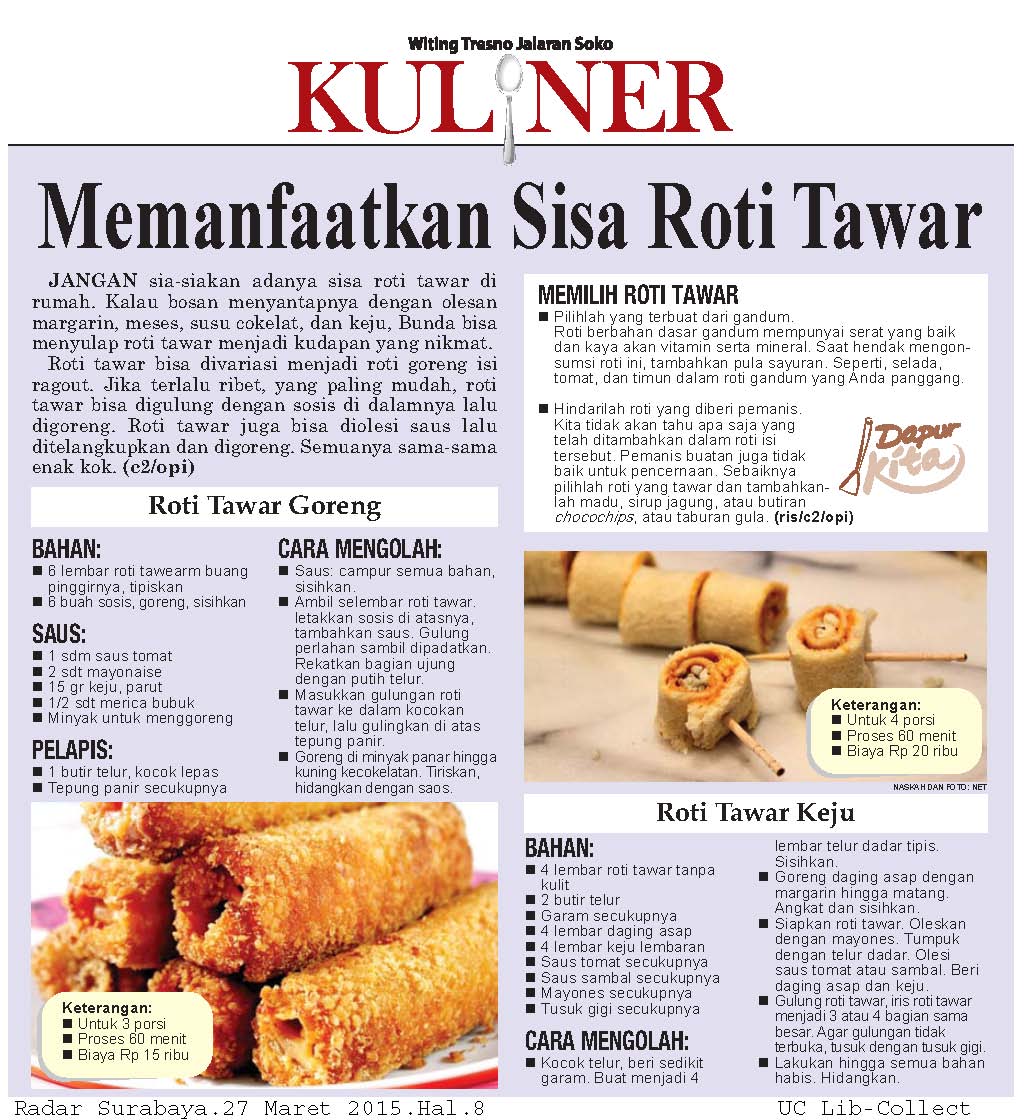 Memanfaatkan Sisa Roti Tawar. Radar Surabaya.27 Maret 2015.Hal.8