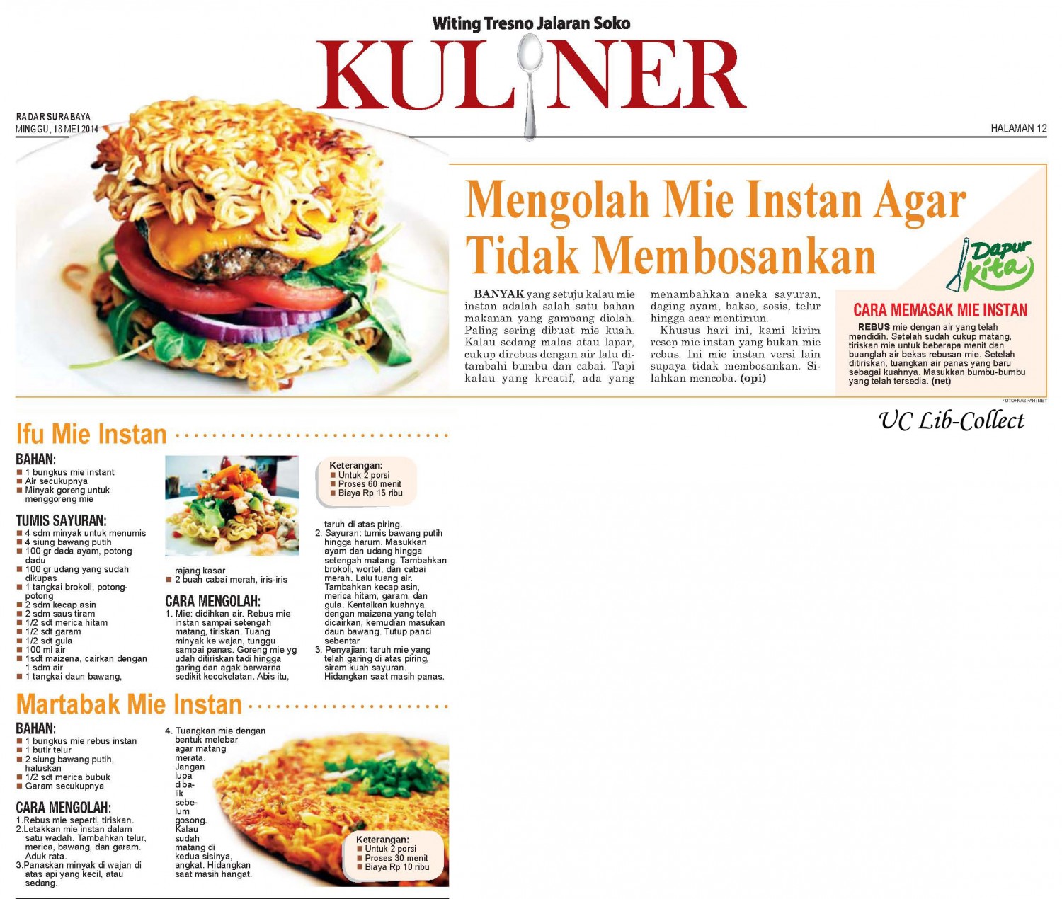 Mengolah Mie Instan Agar Tidak Membosankan.Radar Surabaya.18 Mei 2014.Hal.12