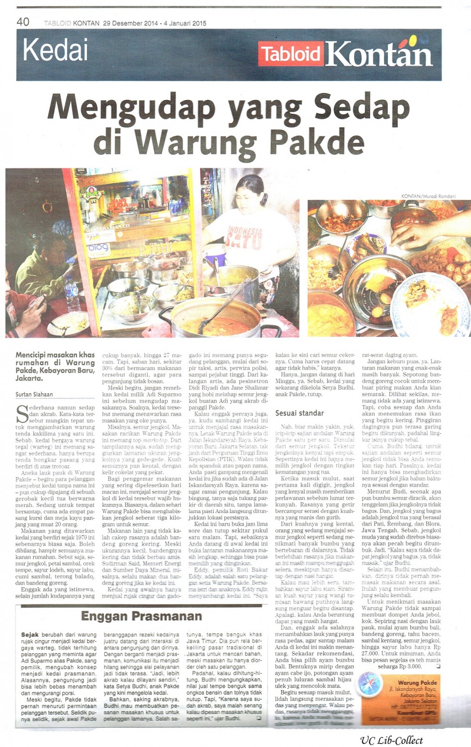 Mengudap yang sedap di Warung Pakde. Tabloid Kontan. 29 Desember 2014-4 Januari 2015