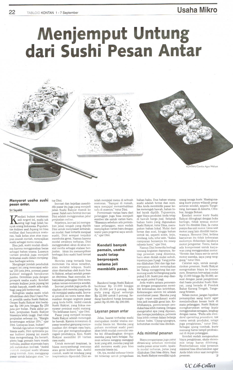 Menjemput Untung dari Sushi Pesan Antar. Tabloid Kontan.1-7 September 2014.Hal.22