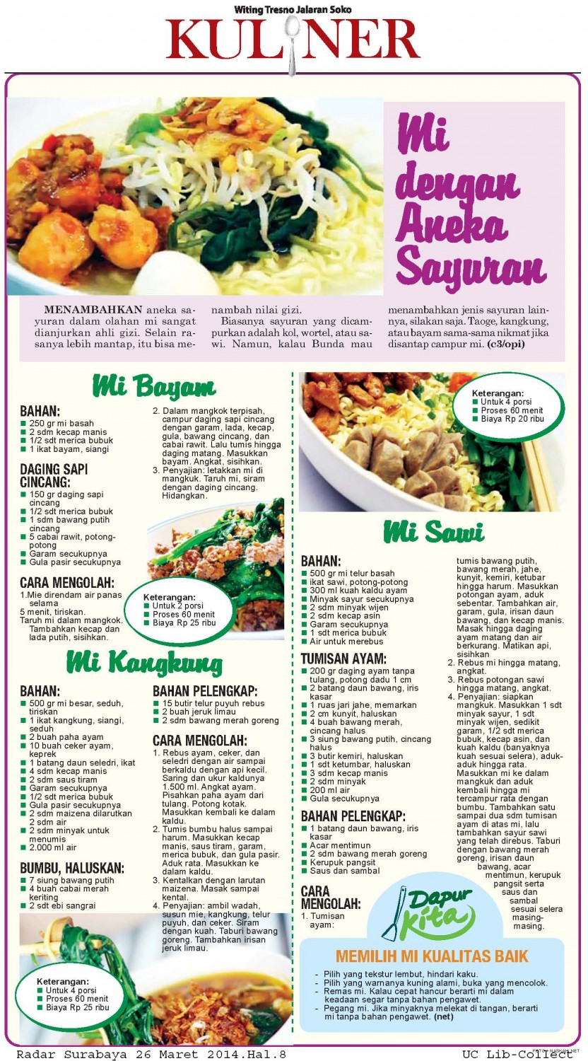 Mi Dengan Aneka Sayuran. Radar Surabaya 26 Maret 2014.Hal.8