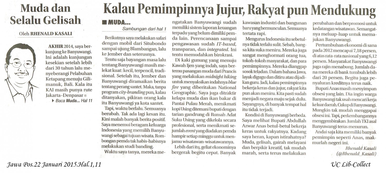 Muda dan Selalu Gelisah. Jawa Pos.22 Januari 2015.Hal.1,11