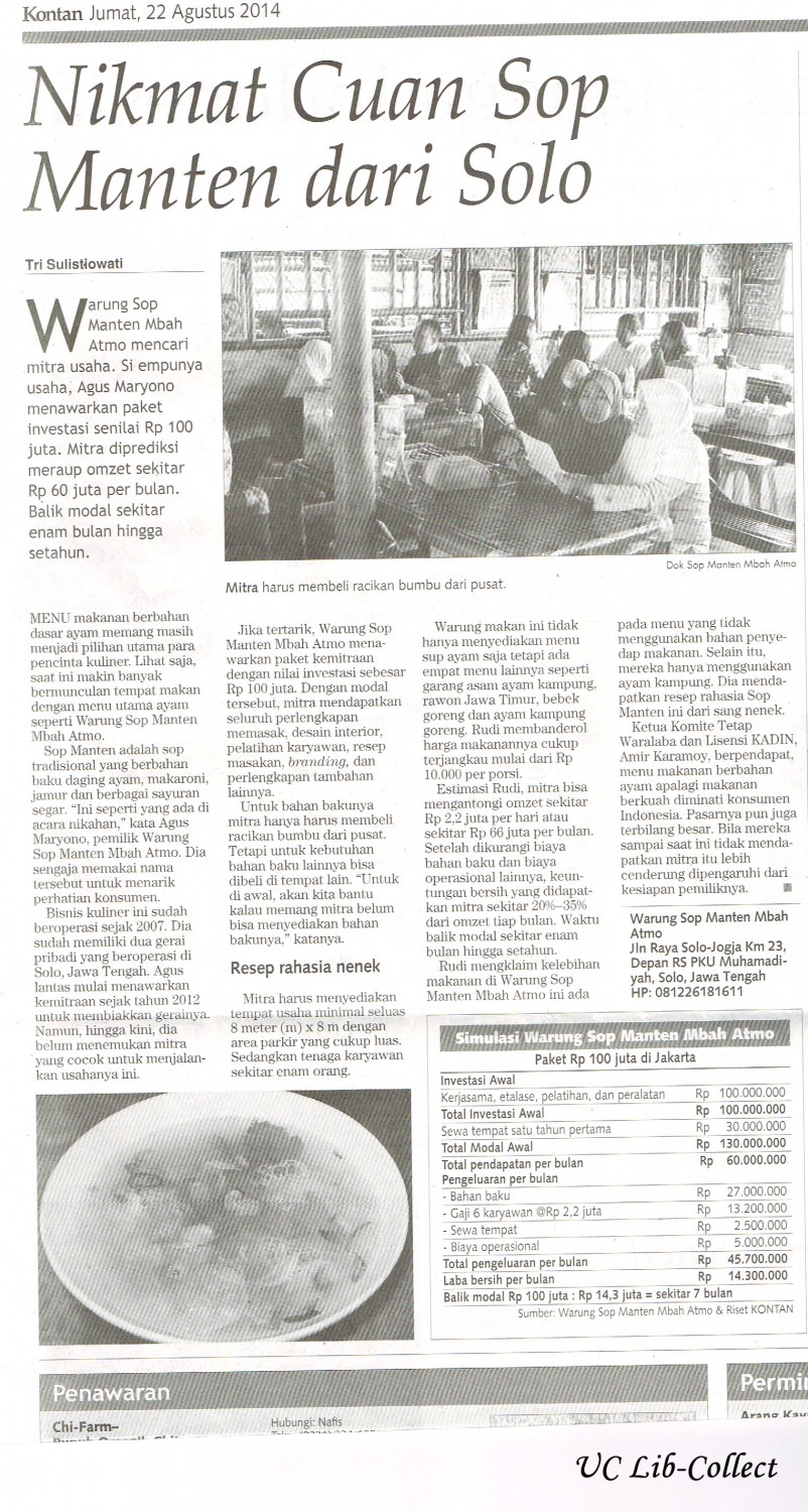 Nikmat Cuan Sop Manten dari Solo.Kontan.22 Agustus 2014.Hal.18
