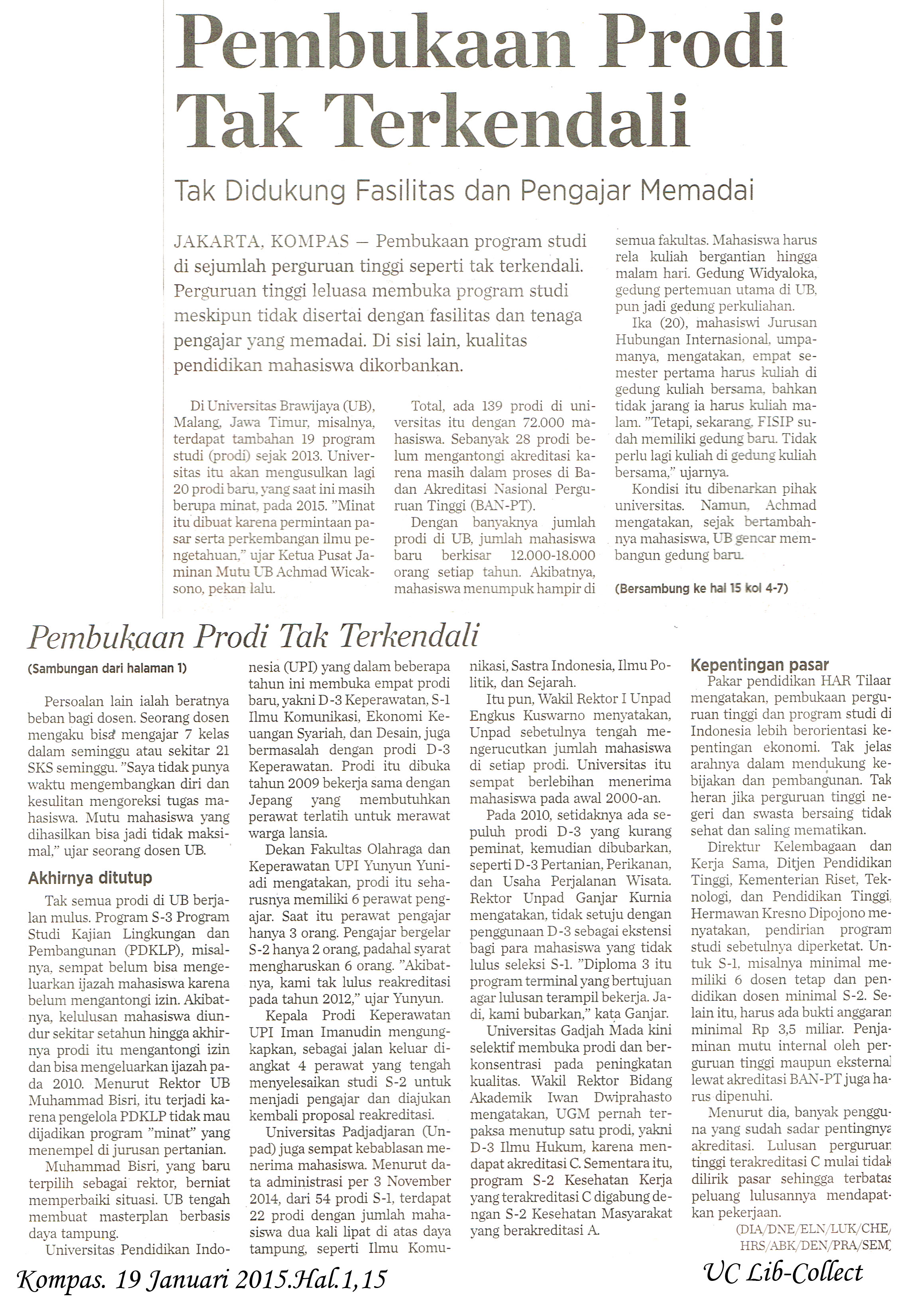 Pembukaan Prodi Tak Terkendali Kompas 19 Januari 2015 Hal 1 15