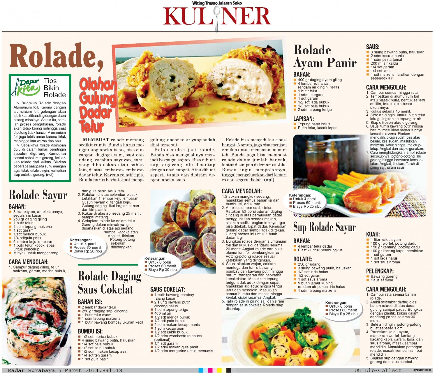 Rolade, Olahan Gulung Dadar telur.Radar Surabaya 7 Maret 2014.Hal.18