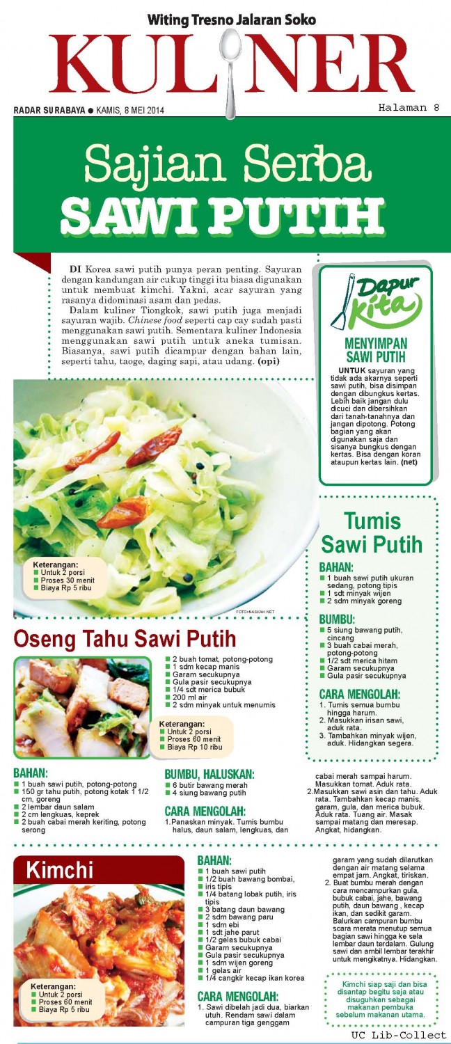 Sajian Serba Sawi Putih.Radar Surabaya 8 Mei 2014.Hal.8