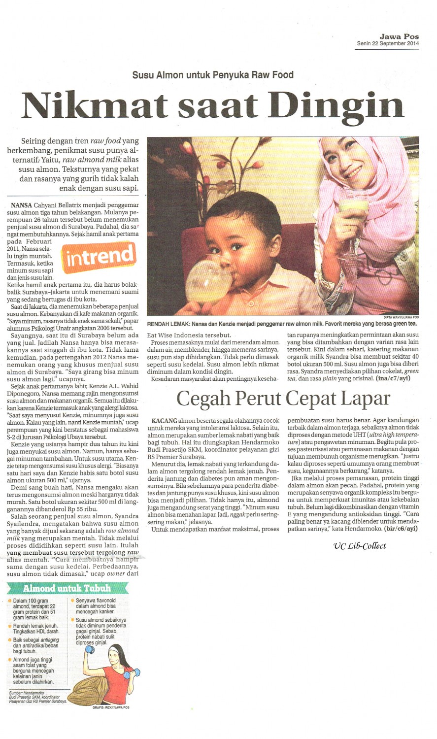 Susu Almon.untuk Penyuka Raw Food. Jawa Pos.22 September 2014.Hal.36