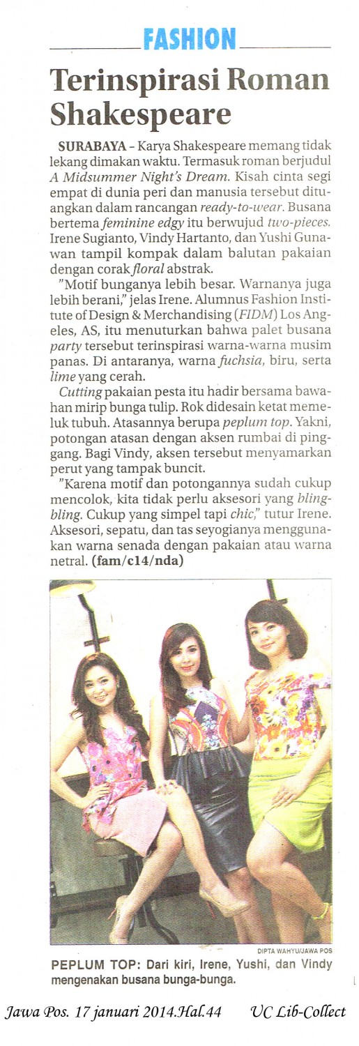 Terinspirasi Roman Shakespare. Jawa Pos. 17 januari 2014.Hal.44